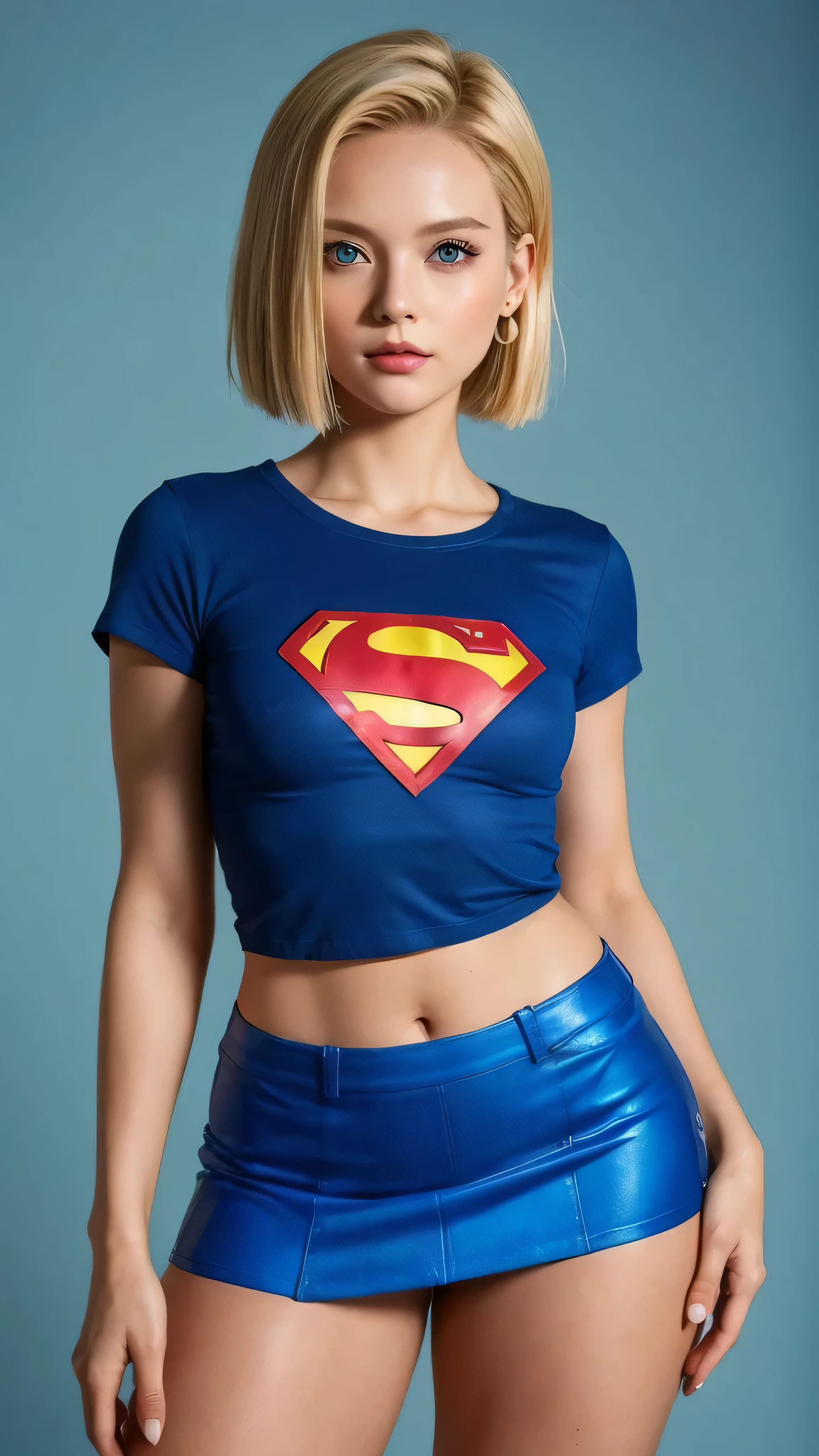 Android 18, blonde, A woman , short blonde hair , Calypso and expressive eyes, mini skirt, A Supergirl t-shirt, small breasts, Not suitable for work , big ass, thick thighs , wide hips, Desde atrás