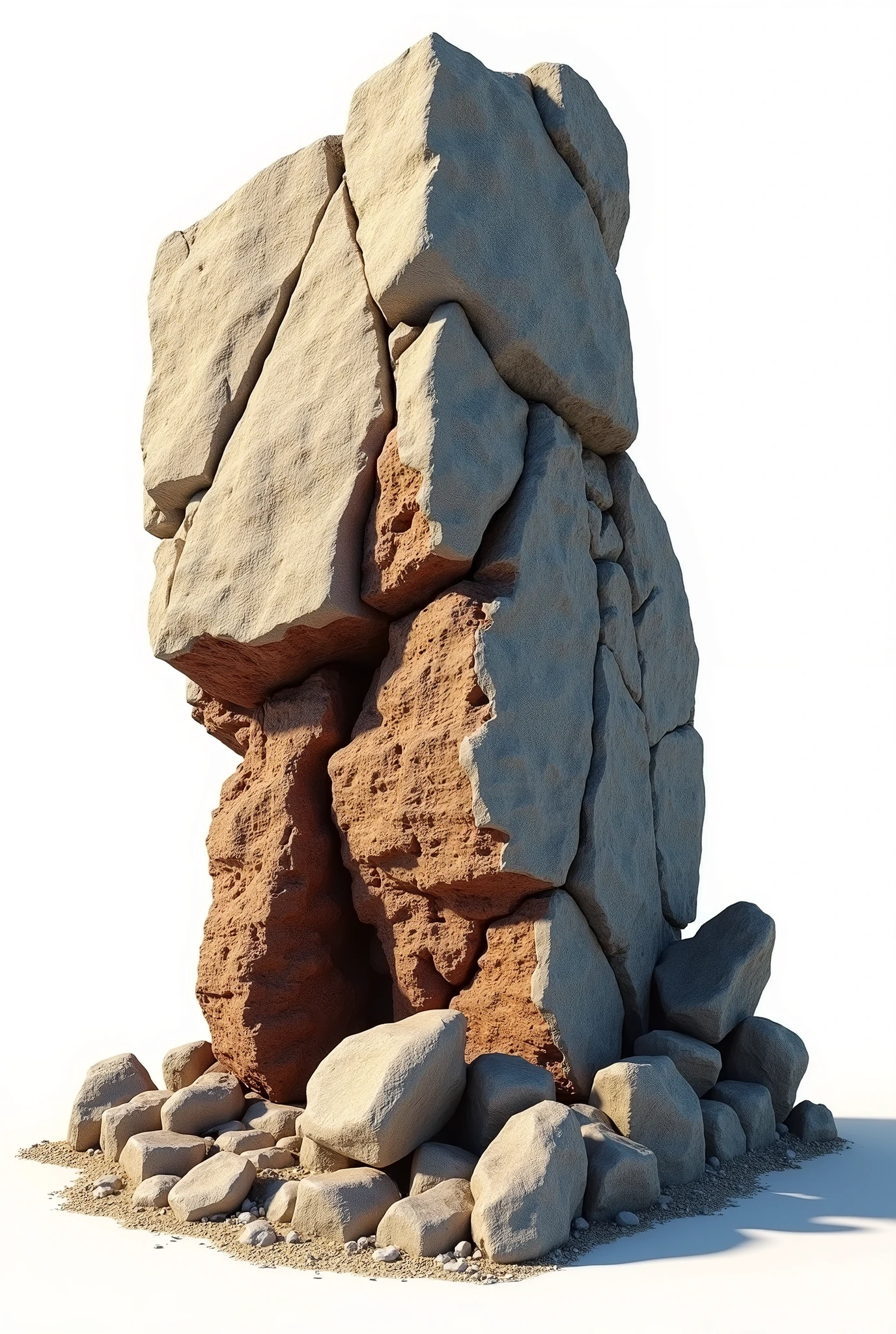  3D game model of A very old rock massive stone split(  like Gnaisse Acasta ) with visible layers , , realism,  large scale details original size of 200 square meters,  3D rendering on a white background as a 3D representation reference game dev