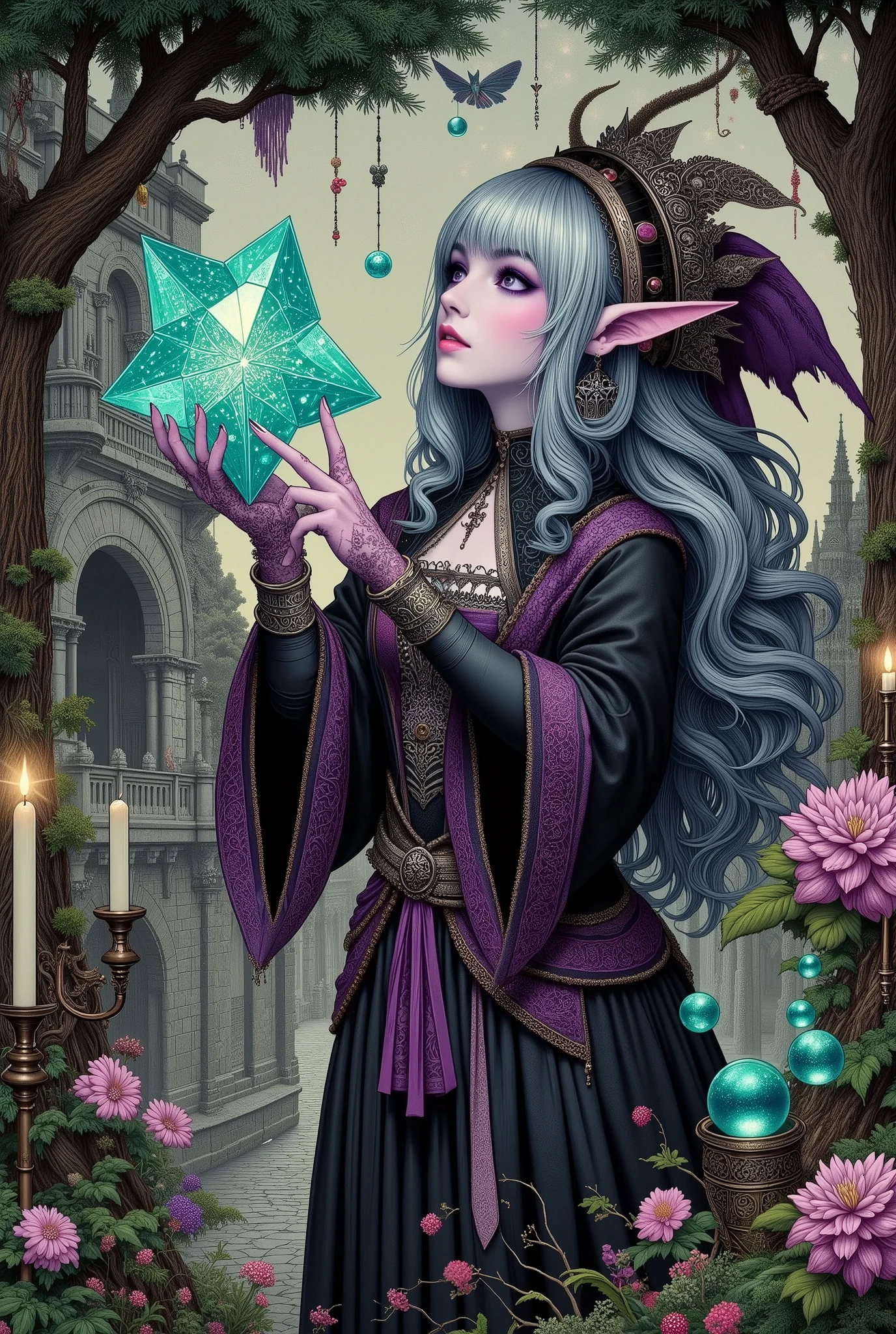 (Ultra-detailed face, Looking away, Fantasy Illustration with Gothic and Aesthetic. Dark tone colors.), BREAK 
(A young dark elf designer climbs up onto a large fir tree Christmas tree erected in a 15th century European-style churchyard, reaching out to grab the top of the tree, a topaz star-shaped ornament that sparkles with swirling light. She has an enraptured look on her face, obsessed with the magic of the gemstone.), BREAK 
(She has silver hair and eyebrows, blunt bangs, knee-length wavy hair, lavender eyes, small pink lips, dark purple skin, and dark, thick eyeliner.), BREAK 
(She wears a large satin ribbon tie and is fashioned in a gypsy look. She wears a thin silk midriff top that shows through her skin. The top has a drawstring neckline collar, bouffant sleeves, and circular cuffs. She wears a tulip skirt of astrakhan cloth fabric. She wears pale black-purple lace gloves. She wears alparhata on her bare feet. She wears antique beaded charm bracelets, tassel earrings, and tassel pendants as accessories.)