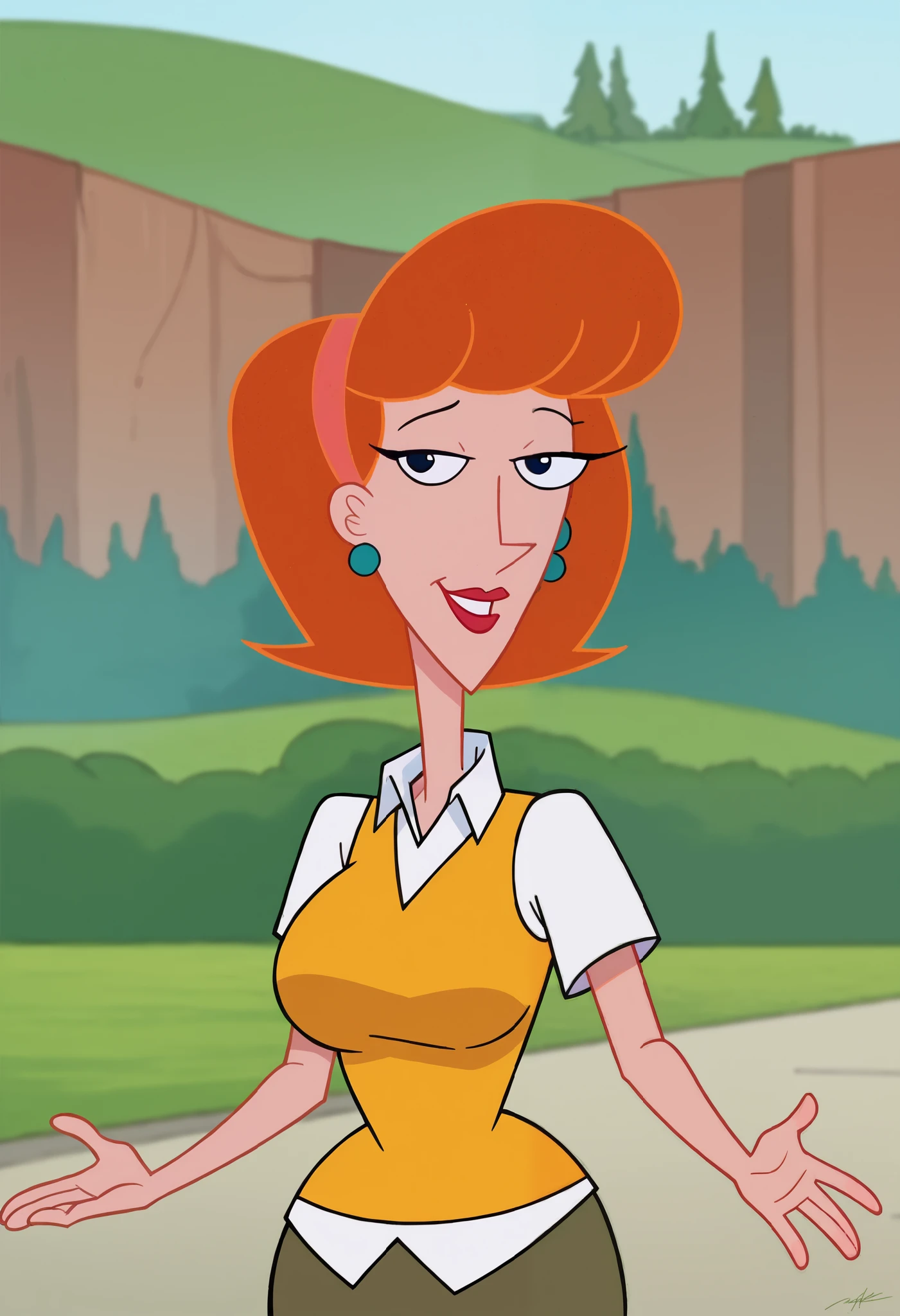 score_9, score_8_up, score_7_up, BREAK, 1girl, solo, breasts, mature female, linda flynn-fletcher, lindaflynnfletcher, makeup, hairband, earrings, white shirt, collared shirt, vest, short sleeves, upper body, big breasts, wide hips, portrait, looking at viewer, smile, depth of field, outdoors, full body,