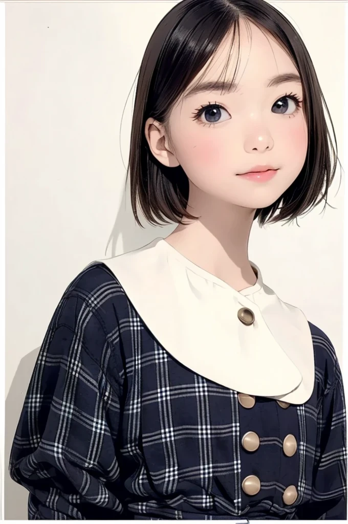 (((masterpiece)))、(((Superb technique)))、(((8k)))、((( perfect face)))、Age 25、(( rock'n'roll girl ))、 Gingham check clothes、 Underbust Puffiness 、 tight stomach 、 Soft Knit Fabric Clothes 、 feminine body line curves 、 short hair 、 camera 、( Top Quality I )、 detailed face 、 detailed texture 、 camera