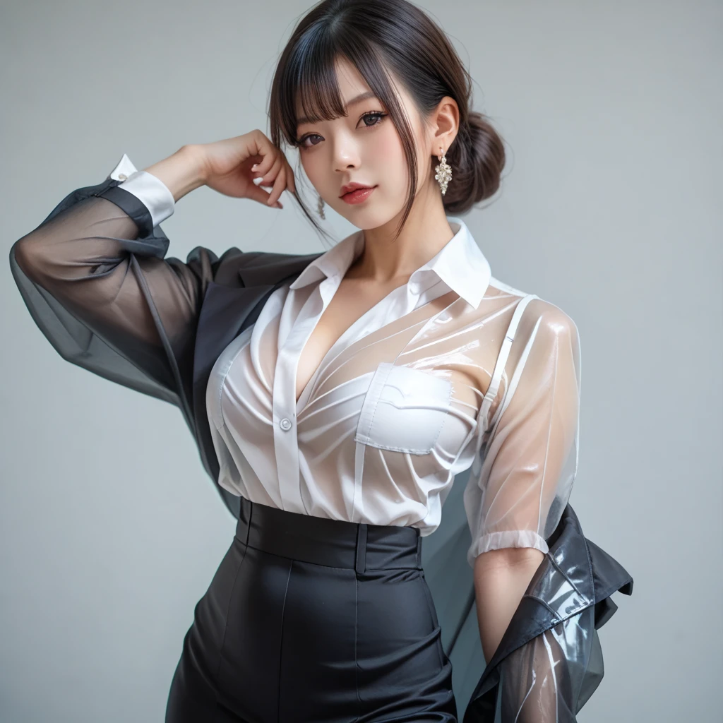 Business woman wearing a suit where is sexy body, she is really sexy,her body is super hot giving really cool pose, perfect breast size, 8k, anime realistic, transparent clothes