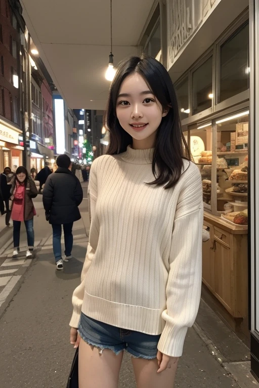 masterpiece,  top quality ,   very aesthetic  ,  absurd, 
 One girl , Alone, glass,  black hair,  long hair,  White Ribbed Sweater ,  happy , smile,  Watch viewers,   open mouth,  single focus ,
king, scenery, Storefront, Food, shop, ,  outdoors on the street at night, sign, road, street, 