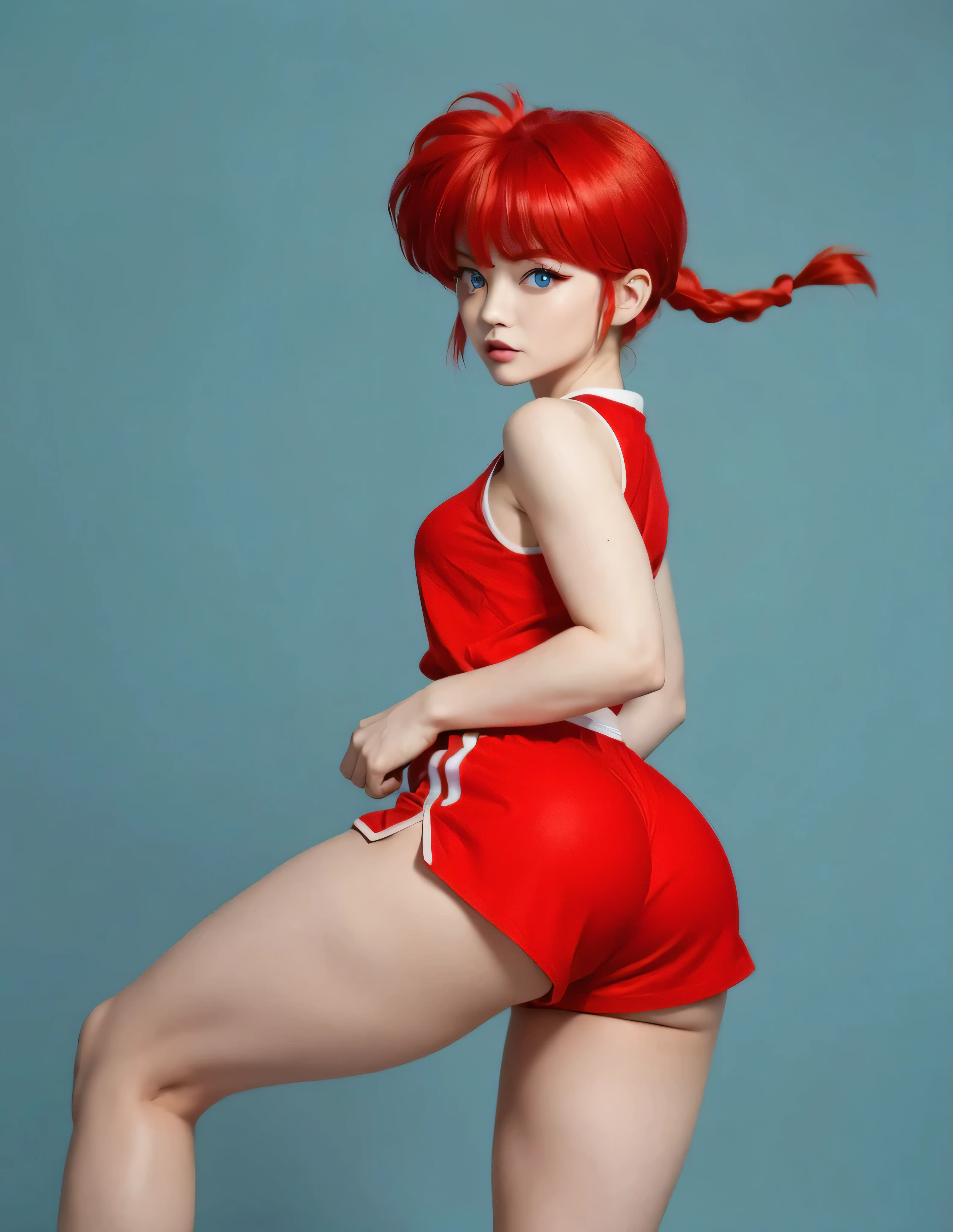 ranma chan, redhead,  A woman  , long straight red hair,  bright and expressive blue eyes , she opted for sports shorts ,  a red Chinese martial arts blouse,  small breasts,  Not suitable for work ,   big ass,  thick thighs ,  wide hips , Desde atrás, Chinese doyo ,