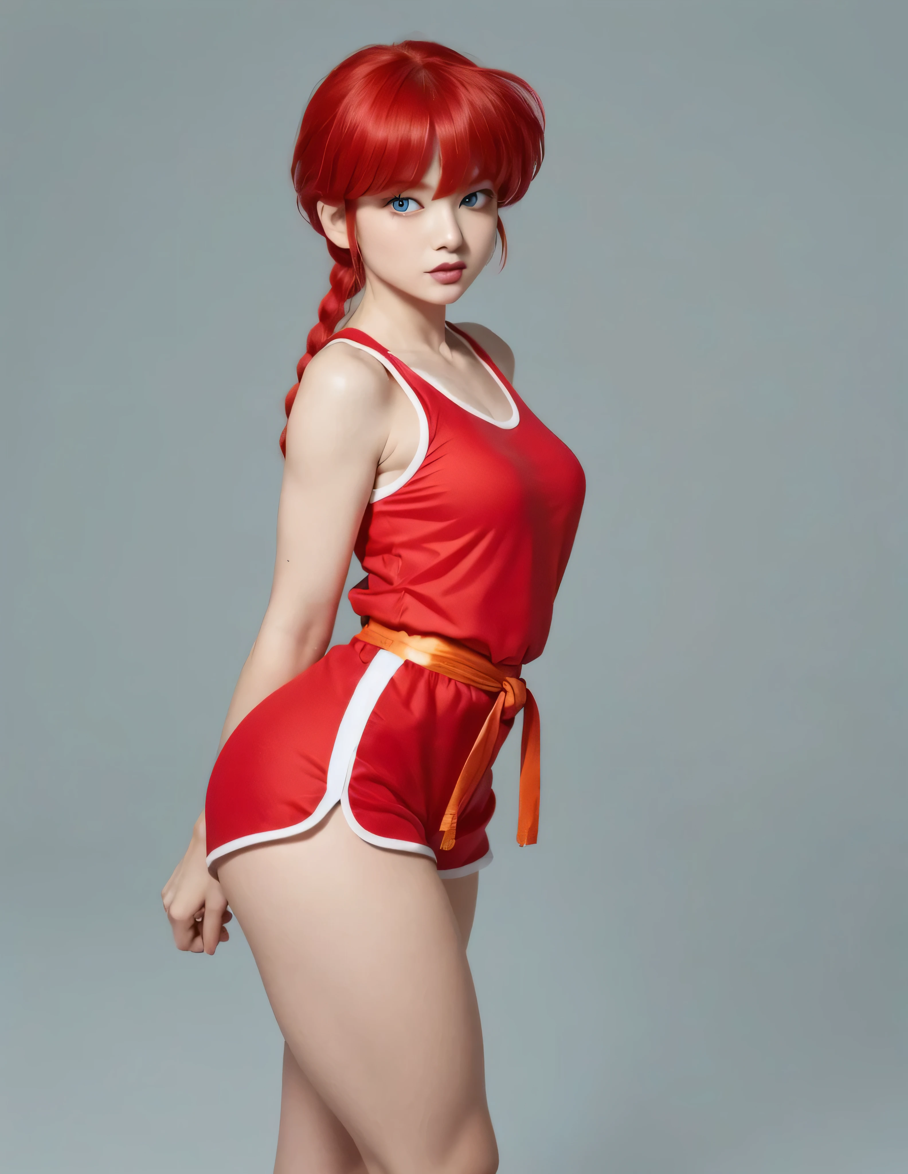 ranma chan, redhead,  A woman  , long straight red hair,  bright and expressive blue eyes , she opted for sports shorts ,  a red Chinese martial arts blouse,  small breasts,  Not suitable for work ,   big ass,  thick thighs ,  wide hips , Desde atrás, Chinese doyo ,