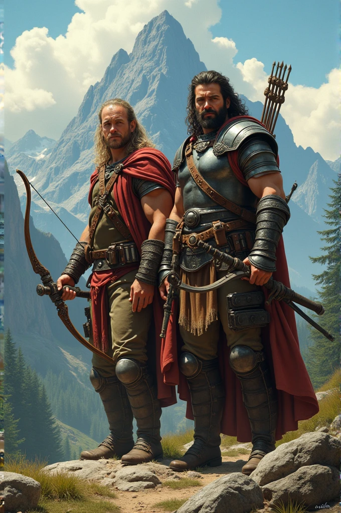 there are two men with beards and a cape on standing in front of a mountain, inspired by Brothers Hildebrandt, petros and leonid, inspired by the Brothers Hildebrandt, inspired by Tim and Greg Hildebrandt, artgerm and genzoman, mount olympus, romance novel cover, muscular! fantasy, james gurney and andreas rocha