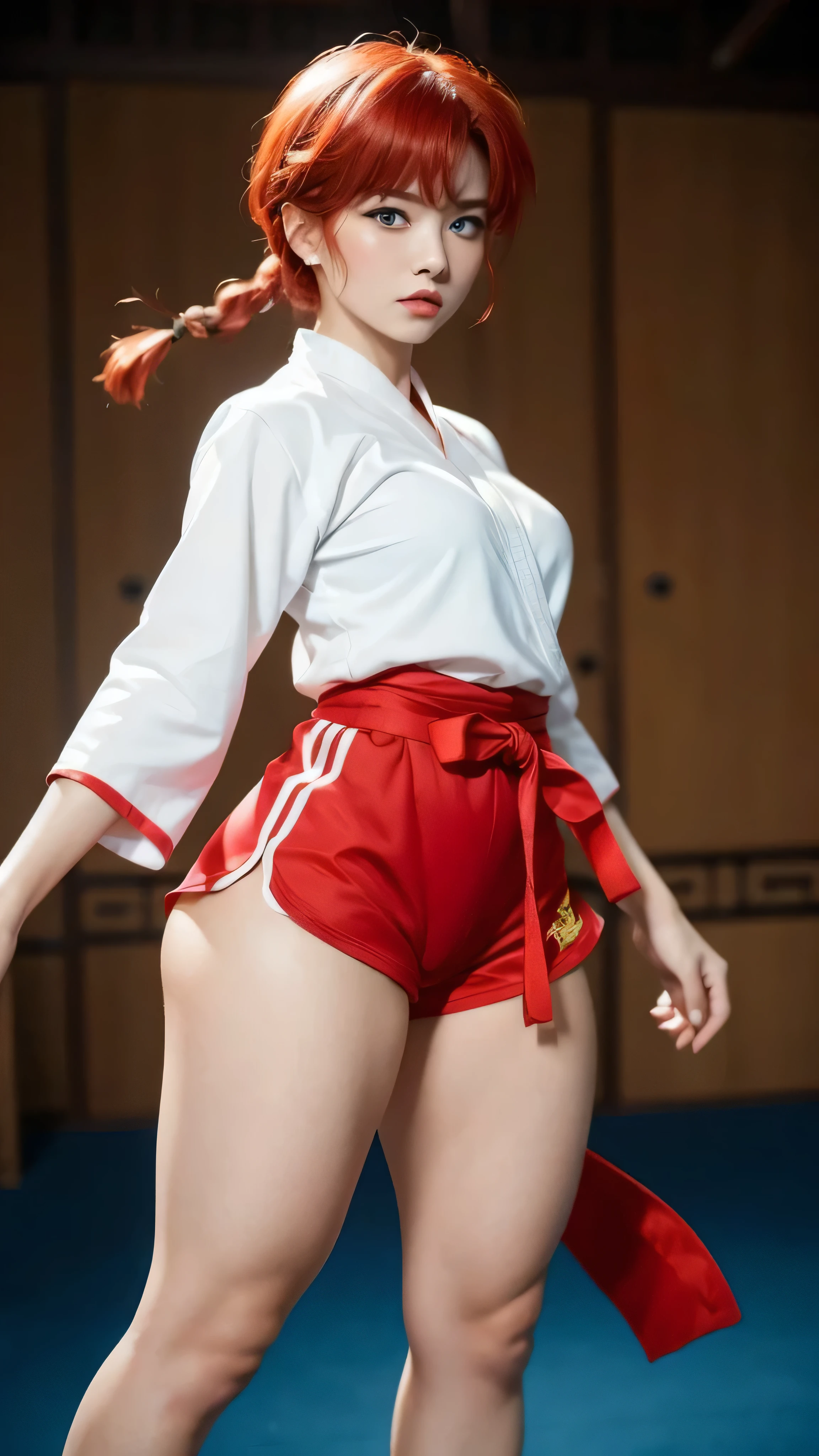ranma chan, redhead, A woman , long straight red hair, bright and expressive blue eyes , she opted for sports shorts , a red Chinese martial arts blouse, small breasts, Not suitable for work , big ass, thick thighs , wide hips , Desde atrás, Chinese doyo ,
