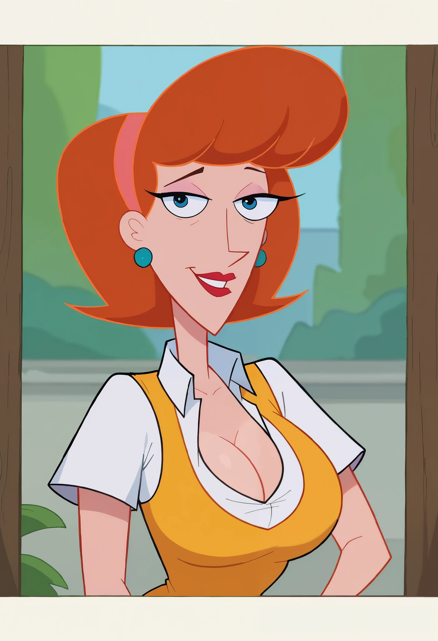 score_9, score_8_up, score_7_up, BREAK, 1girl, solo, breasts, mature female, linda flynn-fletcher, lindaflynnfletcher, makeup, hairband, two earrings one on each ear, white shirt, collared shirt, vest, short sleeves, upper body, big breasts, wide hips, portrait, looking at viewer, smile, depth of field, outdoors, cleavage, full body,