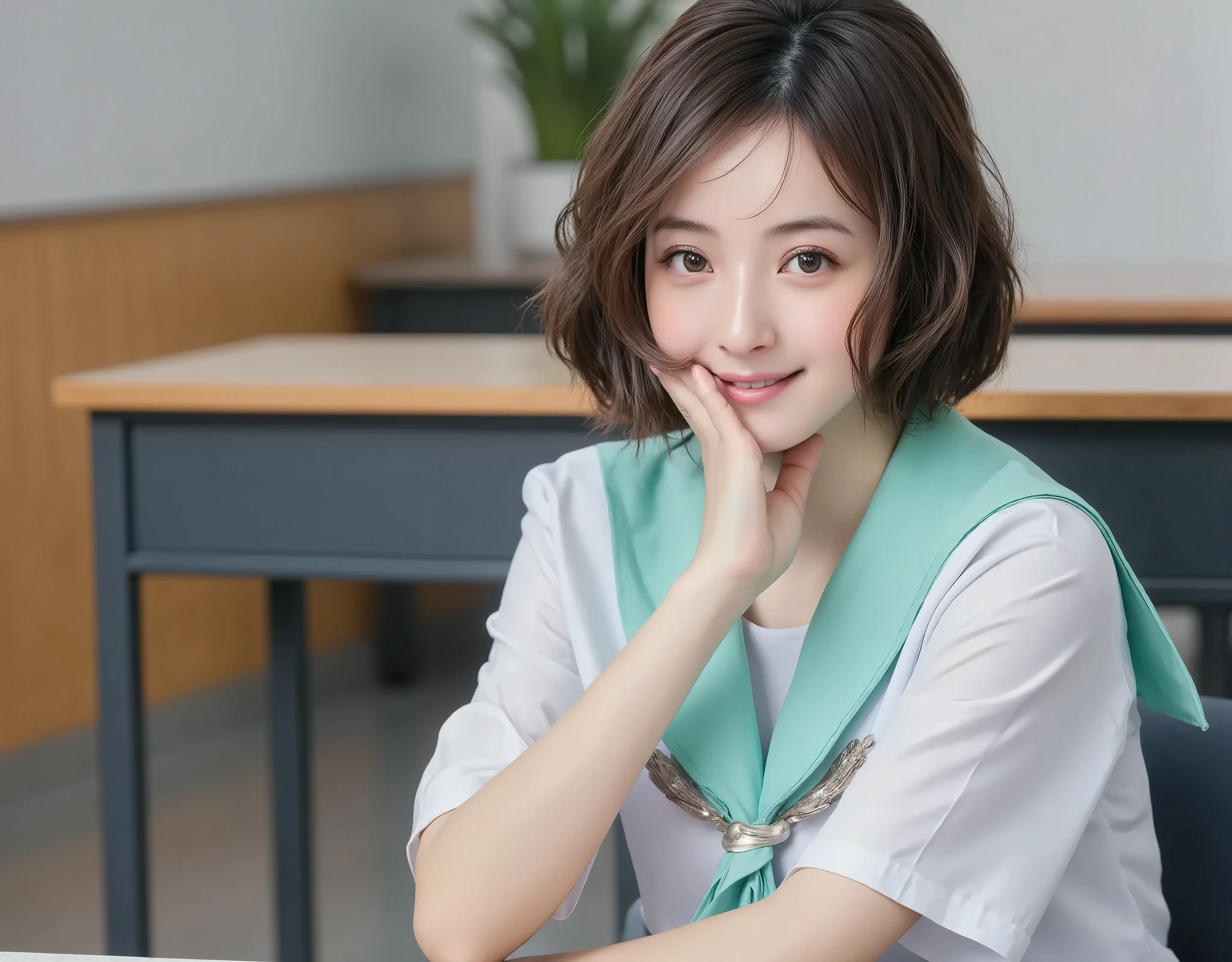 NSFW, (Highest quality), (Ultra-precise CG 16K wallpaper), (Realistic: 1.6), (High saturation), (Sharp), Beautiful detailed shading, Beautiful natural lighting, Beautiful detailed glow, Bright sunlight in the daytime, Natural light, Depth of field, (Mature 24 year old woman, One person: 1.6), (Very beautiful Japanese face), (Sasaki Nozomi), (Soft wavy short bob hair: 1.6), (Shiny black hair), (Sparkling eyes), (C cup size breasts, cleavage, slim thighs: 1.6), (Beautiful breasts), (Beautiful legs), (Beautiful skin), Beautiful proportions, (Smile: 1.0), (Looking at me: 1.6), (High school girl's sailor uniform, wearing a mint green pleated miniskirt: 1.6), (Sitting pose: 1.6), (School, empty classroom), (Full screen image:1.6), (full body shot:1.6), (image of a woman seen from the side:1.6), (woman sitting on a chair in a classroom:1.6),
