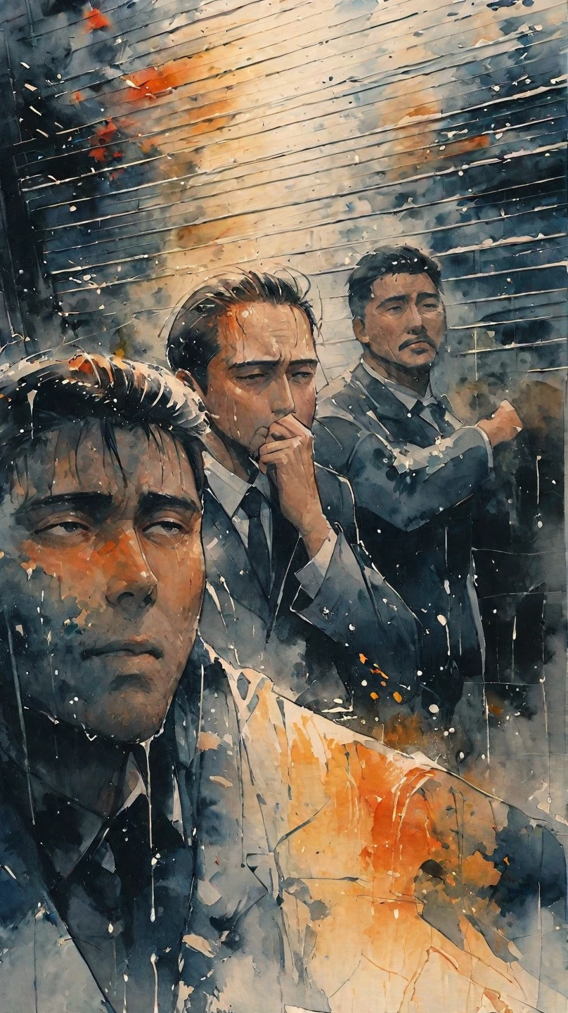 watercolor painting of a man in suit in the rain. full body shot of the man who is soaked under the rain. he tilts his head up to face the rain, the rainwater flows down his face. he is walking in the street, holding his hands out to feel the rain. watercolor brushes stroke painting style. the sky is dark.