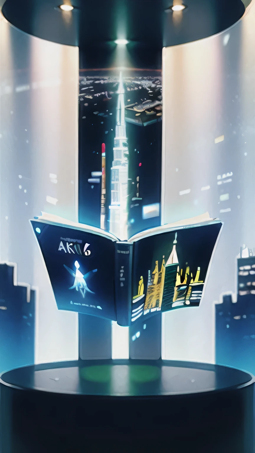 futuristic cityscape, a person reading a book on a floating platform, holographic displays, AI, digital learning, vibrant colors, digital art, highly detailed, concept art, --ar 16:9