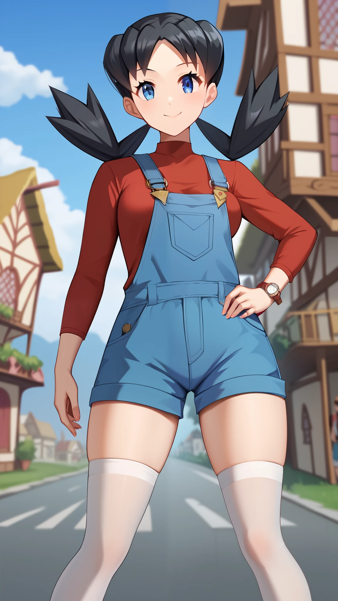 (( top quality )), ((masterpiece)), ( Details), 1girl,  sexy, blue-black hair color,  twin tails,  long hair,  blue eyes, red long sleeve shirt , blue shorts overalls,  white knee-high stockings reflective on glass floors,  absolute domain, Thighs, orange laces ,  Tall,  ANIME COLORING BOOK,  Watch viewers, 1 Female, Age 18,  standing, whole body, Place one hand on hip,  slim figure,  sexy smile,  seductive smile, Ample breasts, Outdoor, town, (\ Pokémon\),  score_9,  score_8_Excellent,  score_7_Excellent,  score_6_Excellent,  source_Anime,  cell shading ,  Flat Color , vector, Two legs, two arms,