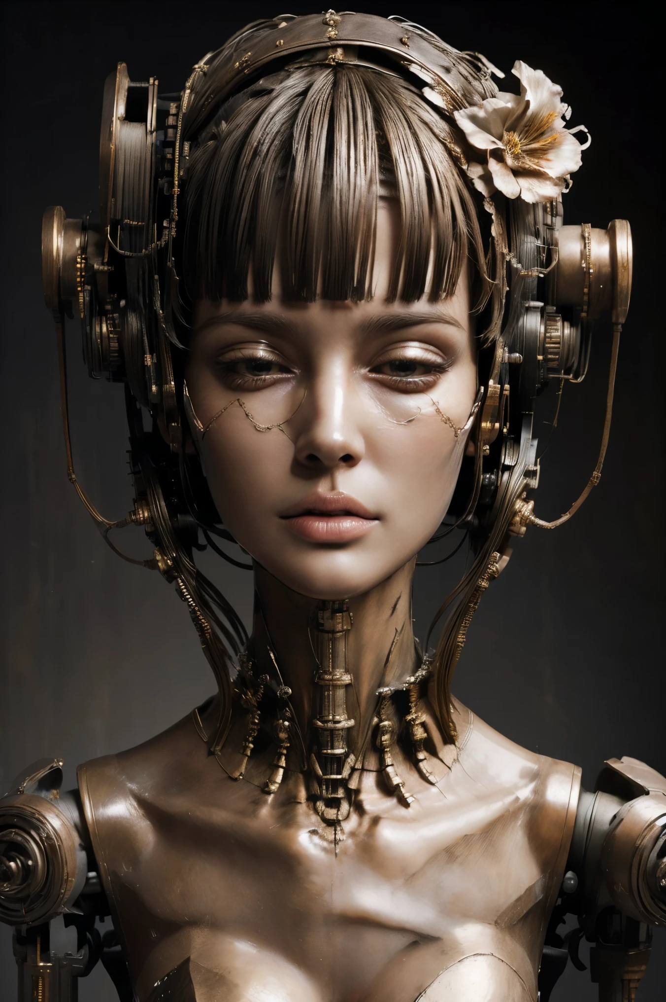 (masterpeace), ((super real photography: 1.5)), ((photo realistic: 1.3)), (real photo),
A Japanese young girl with a lot of flowers, ((A young girl robot: 1.5)), (bust statue),
BREAK
headgear, ((real metalic skin)), ((beautiful face: 1.5)), ((Super cute: 1.5)), ((kawaii: 1.5)), ((well-balanced face)), (close eyes: 1.3)), longeyelashes, stunning big eyes, luscious glossy lips, ((blunt bangs: 1.5)),
BREAK
(slender body: 1.3), petite bust, flower bloom, (flowers: 1.5),
BREAK
High-Mechanic body, octane rendering, Super Detailed machine, ((connected electric cables)),
BREAK
(simple background: 1.3), ((bust shot: 1.3)), cinema quality, professional photograph, (photo studio: 1.5), (Bright Light: 1.2), Eye-Level Shot, wide lens, (fujifilm 35mm), (film photo), RAW, Excessive Embellishment, UHD,
BREAK
anatomically correct, textured skin, best quality, 8k