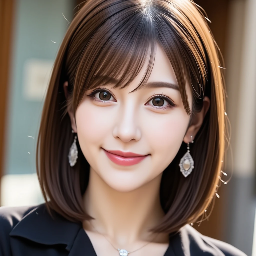 12Ｋ、ＨＤＲ、  Japanese、 bit depth 10 bits  、black collared shirt、(  realistic  ,   photo realistic  :1.4), masterpiece,     Very Delicate and Beautiful    ,    very detailed,     very detailed目と顔,     beautiful detailed nose ,    beautiful detailed eyes ,    cinematic lighting,  light brown hair 、smile、   A woman who exudes mature sex appeal 、クリアホワイトスキン  、   happy face、((An upshot of a face only))、 necklace、 earrings for women with first name、 random hair styles inside European palaces、White teeth are visible、 looks at the audience and smiles 、