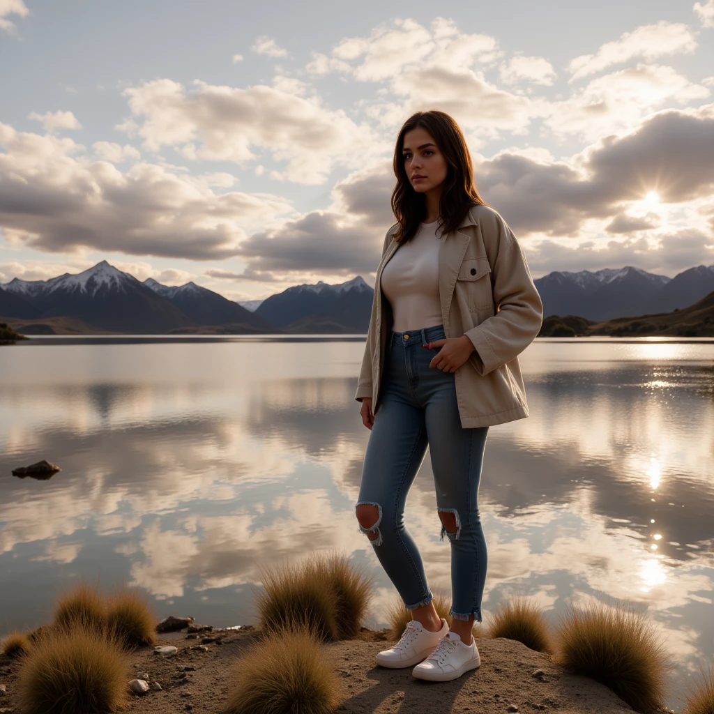 isabella,long brown hair, hazel eyes,White skin,22 years old,dynamic,woman,posing with random clothes, it's 9 in the morning and she's outside, near the Lago Llanquihue in Puerto Varas, southern Chile, a partially clouded sky is reflecting over the lake.