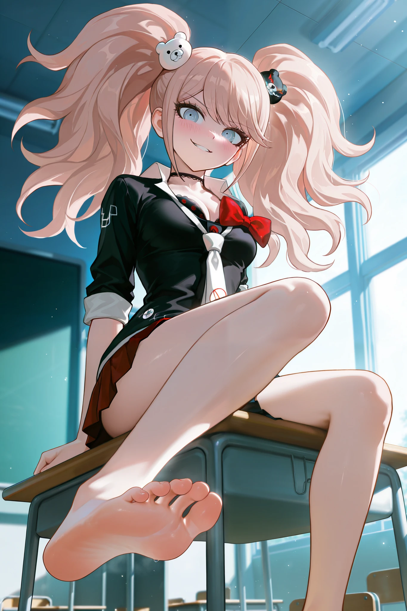 masterpiece, best quality, amazing quality, very aesthetic, high resolution, ultra-detailed, absurdres, newest, scenery, 
solo, (enoshima junko from danganronpa), twintails, bear hair ornament, entitled, evil smirk, blush, large breasts, 
school uniform, black shirt, white necktie, red bow, sleeves rolled up, skirt, choker, cleavage, full body, sitting on school desk, legs, thighs, barefoot, soles, low angle, focus on feet, classroom,
BREAK,  smooth anime style, masterpiece, best quality, amazing quality, very aesthetic, high resolution, ultra-detailed, absurdres, newest, scenery, breathtaking visuals, intricate glowing details, cool dreamy aesthetics, raytracing, 8k, ultra high definition, glowing details, (subtle depth of field:0.25), (subtle bloom:0.5), soft lights, rich vivid colors, light particles, vibrant textures, dramatic lighting, captivating visuals,