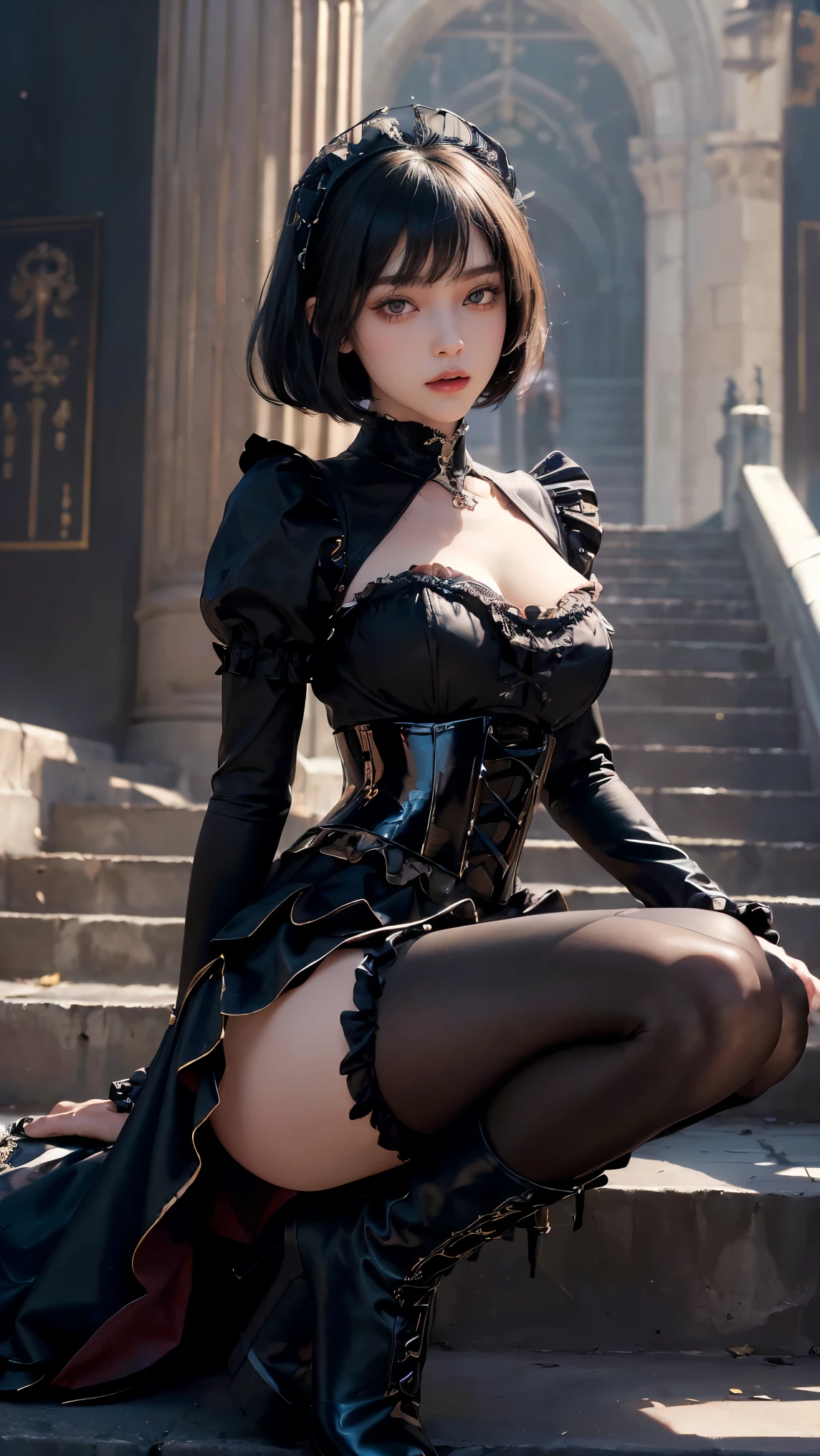 sexy stylish female model, only 1 female, ((doll-like appearance)), ((ultra detailed Platform boots)), beautiful smile, ultra detailed eyes, vivid eye makeup, lipgloss, long lashes, defined eyebrows, ((sexy Gothic Lolita cosplay)), bell-shaped skirt, petticoats, high neckline, puffed sleeves, ((ultra detailed lace)), ((ultra detailed embroidery)), intricate details, Gothic Lolita accessoires and matching headpiece, Gothic Lolita choker, ((large sparkling Gothic Lolita jewelry)), cinematic light, detailed large park background with trees