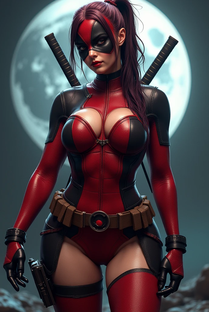 Morena Baccarin as Deadpool, in sexy Deadpool armor, armed with Katana blades, (dynamic pose), (hyper realistic:1.4), (realistic:1.3), (best quality real texture skin), full body, (Cinematic Light), highly detailed skin, skin pores, (highly detailed face:1.1), (highly detailed eyes:1.1), realistic pupils, (perfect anatomy:1.1), (perfect proportions:1.1), (photography:1.1), (photorealistic:1.1), volumetric lighting, dynamic lighting, real shadows, (highres:1.1), sharp focus, daylight, (realistic, hyperrealistic:1.4), intricate, high detail, dramatic, subsurface scattering, big depth of field, vivid, polished, sharpened, ((full Sharp)), (extremely absurdres),8k hdr