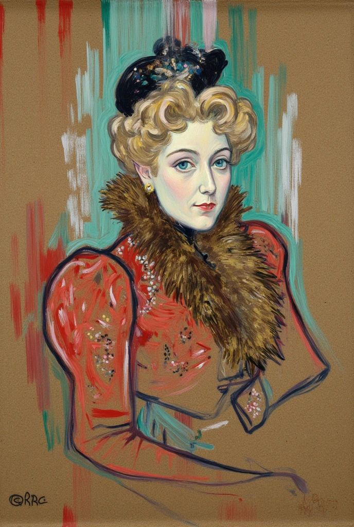 The art by Ltrc depicts a portrait of a woman. She has a fair complexion curly blonde hair adorned with a black hat and blue eyes. The woman is wearing a red blouse with intricate details and a brown fur collar. The background is a mix of turquoise and red with brush strokes that give a sense of depth and movement. The portrait captures the woman in a side profile with her gaze directed forward exuding an air of elegance and contemplation.