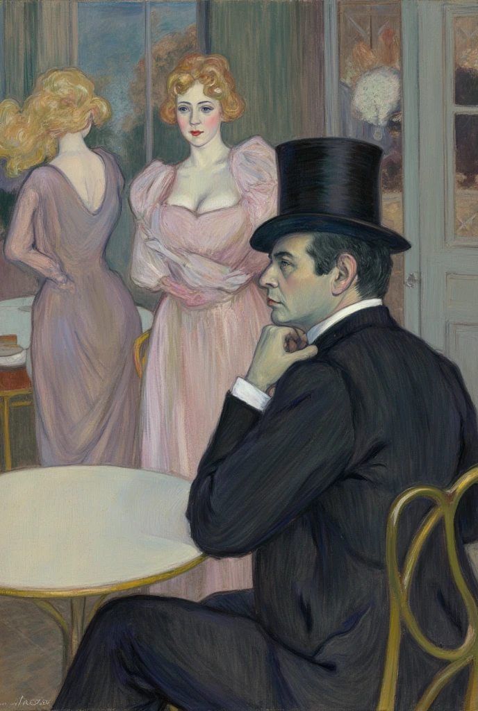 The art by Ltrc depicts a man seated at a table wearing a dark suit and a top hat.In the background to his left there's a woman in a pink dress and behind her another woman with blonde hair. The setting seems to be an indoor space possibly a cafe or an art studio with a muted color palette dominated by blues purples and pinks.