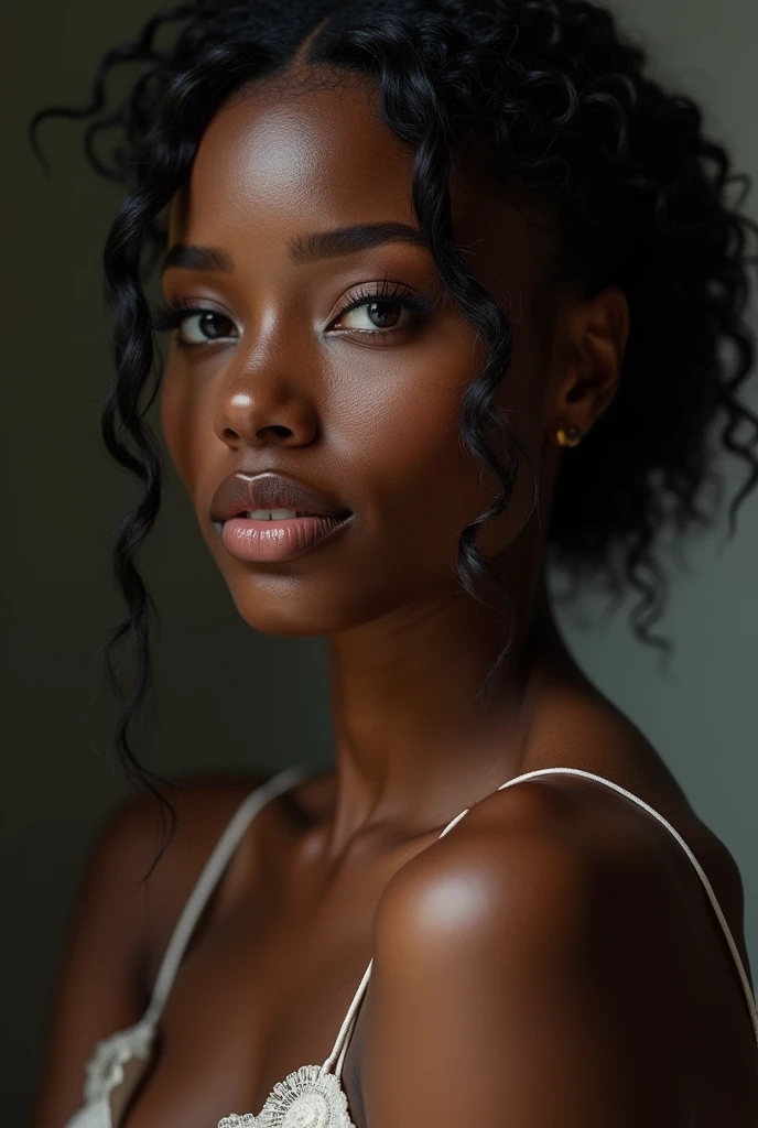 RAW photo Reveals the vibrant textures and rich colors of a stunning 26-year-old African woman's face, captured in a portrait shot. Her cute, expressive features radiate happiness, and her dark, sultry eyes captivate the viewer. The cinematic setting casts hard shadows across her profile, adding depth and drama to the image. Each detail – from her pores to the intricate texture of her skin – is rendered in extreme quality, with sharp focus and high contrast capturing every element of her beauty. The black dress she wears adds a mysterious allure, and the dramatic lighting creates a captivating, evocative atmosphere. This remarkable photograph is a test