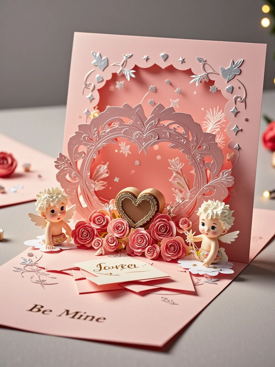 A realistic close-up photo of a handmade Valentine's Day popup card made entirely of intricately cut and folded paper or cardstock. The card is open, revealing a detailed 3D scene crafted from layered paper: a beautiful heart-shaped wreath with delicate paper roses and ribbons, surrounded by love letters and a small box of chocolates, all seamlessly integrated into the popup structure. The background inside the card displays laser-cut hearts and Cupids, with a simple 'Be Mine' message elegantly formed from raised paper layers. The outer cover, partially visible, is pink with embossed silver lettering and paper-cut details. The lighting emphasizes the texture and precision of the paper design, with a neutral background to keep the focus on the card's craftsmanship.