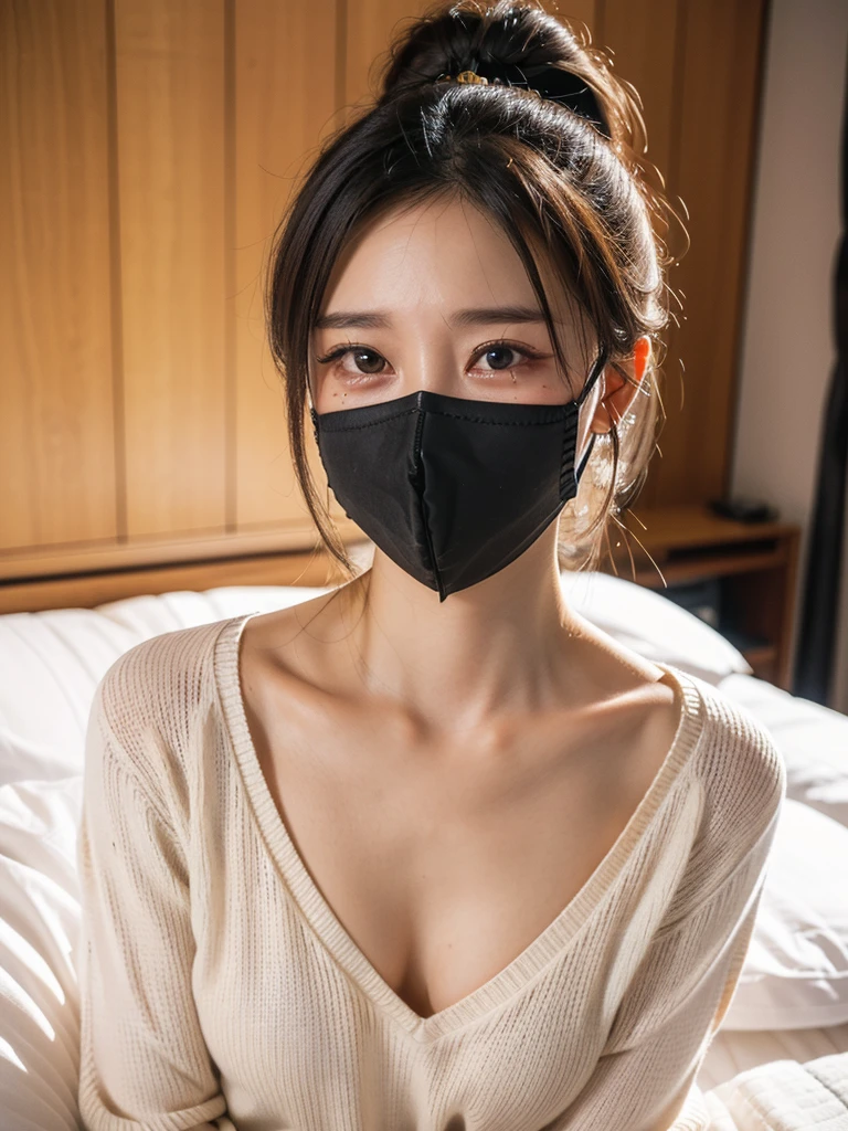 top-quality, ​masterpiece, high-detail, Photonic style, 16k picture quality, a close up of a woman wearing a mask (white surgical mask, surgical mask fit his face:1.2), black tank crop top, black skirt, Short Bob Hair, she is about 20 years old, ((full big breasts, large round breasts,:1.2)), (Cowboy Shot:1.3),  Perfect fit, depth Field of view, Perfect realistic image, Background with:((in the bedroom)), Meticulous background, detailed costumes, Perfect lighting, Ultra realistic, Photorealistic, extremely detailed,