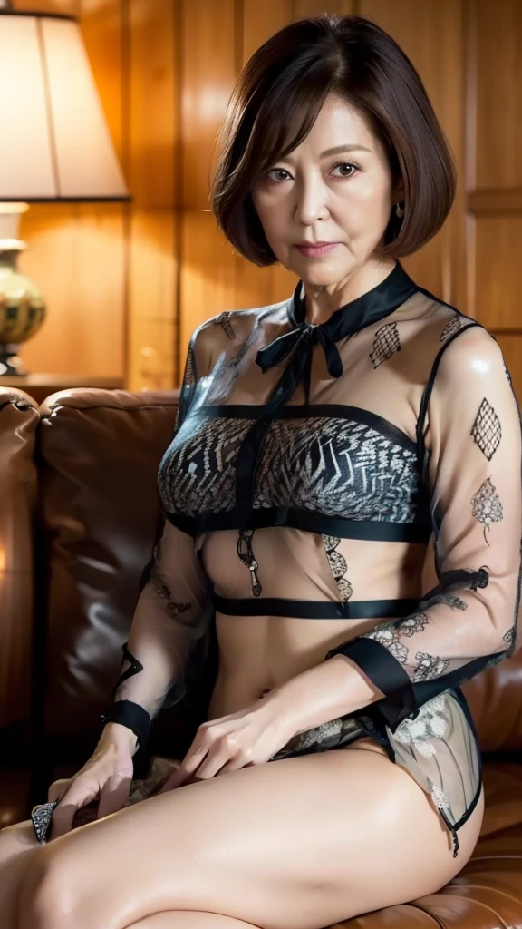 high image quality, high image quality, attention to detail, Masterpiece ,(An aging body), sharp, (( Japanese:1.1)),((Mature Woman)),(80 years old:1.6),(Wrinkles around the eyes), brown hair ,( straight hair :1.1),bangs,(( sitting on sofa in dark bar)),Be in the center of the screen,Looking ahead to the photographer,(I'm wearing a patterned sheer blouse:1.4),( small boobs:1.2),(Thighs:1.1),( No Emotion:1.2),(old woman:1.5),(Slutty woman:1.2),Narrow Face, bob cut,I have a protruding belly ,A plain housewife