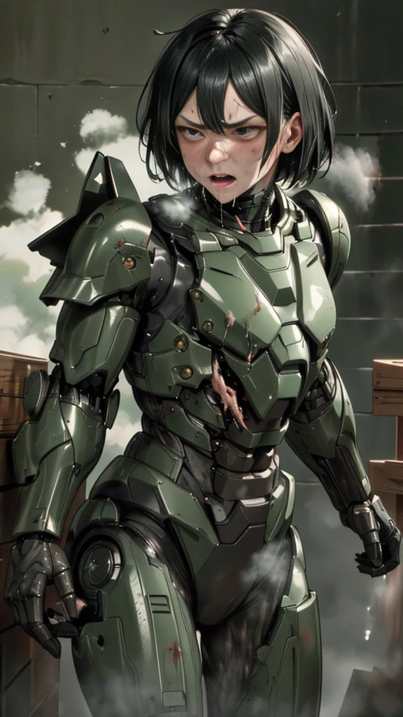 ,  非常に  Detailsな,   Details,   high image quality, 最  high image quality,     High Definition   , 1080P 、  smoke coming out of the wound   　  green armor  、    Steam Coming Out   、cute((全身のSerious damage))(   injured woman wearing a robotic suit...)()(Broken Armor)((   cracks are spreading   ))(Black   smoke coming out of the wound   )   black hair、  short boyish hair 、Torn Armor、   wet hair 、  close your eyes 　 Open Your Mouth 、(  steam coming out of the body  )Sweaty face、It hurts again、Serious damage、saliva splashes out of her mouth 、saliva dripping from the mouth、  Female college student lifting  　Walk a short distance　 首の周りの肌が見えない injured woman wearing a robotic suit  　(  steam is coming out of my face  ) (( black  smoke coming out of the wound   ))   looks up　saliva　(   rear view   )    being slammed against a wall  　Bust exposure  　Armor is peeling   