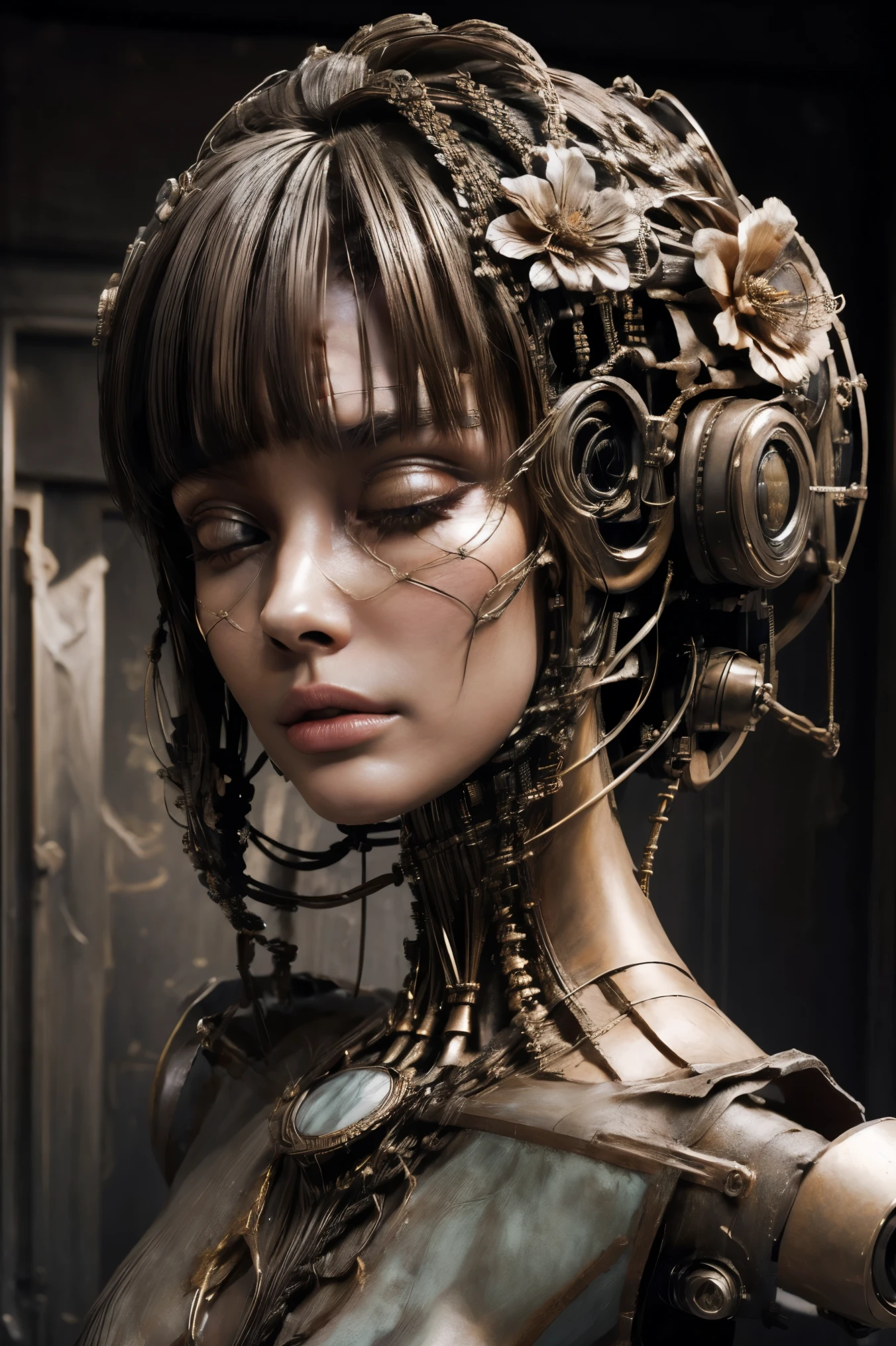(masterpeace), ((super real photography: 1.5)), ((photo realistic: 1.3)), (real photo), 
A Japanese young girl with a lot of flowers, ((A young girl robot: 1.5)),  (bust statue), 
BREAK
headgear, ((real metalic skin)), ((beautiful face: 1.5)), ((Super cute: 1.5)), ((kawaii: 1.5)), ((well-balanced face)), (close eyes: 1.3)), longeyelashes, stunning big eyes, luscious glossy lips, ((blunt bangs: 1.5)), 
BREAK
(slender body: 1.3), petite bust, flower bloom, (flowers: 1.5),
BREAK
High-Mechanic body, octane rendering, Super Detailed machine, ((connected electric cables)), 
BREAK
(simple background: 1.3), ((bust shot: 1.3)), cinema quality, professional photograph, (photo studio: 1.5), (Bright Light: 1.2), Eye-Level Shot, wide lens, (fujifilm 35mm), (film photo), RAW, Excessive Embellishment, UHD, 
BREAK
anatomically correct, textured skin, best quality, 8k