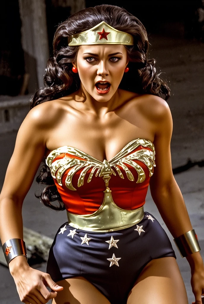 Wonder woman, lynda carter on all fours, cleavage, big breasts, screaming, chain collar around her neck