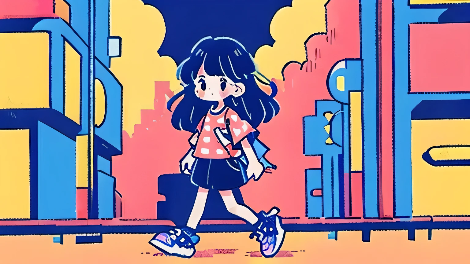 A vibrant city pop-inspired illustration of a stylish girl walking through a neon-lit urban street at night. She has flowing hair and a confident posture, surrounded by glowing signs in Japanese kanji, retro 80s aesthetics, and colorful lights reflecting on the wet pavement. The atmosphere is dreamy and nostalgic, capturing the essence of city pop culture.