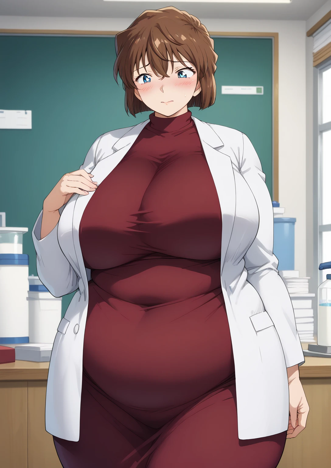 Shiho Miyano, Miyano Shiho, short hair,Brown Hair, blue eyes,hair between eyes,lab coat, Mulberry dress, long sleeve dress, mini skirt dress, score_9,   score_8_ up,   score_7_ up,   score_6_ up,   score_5_ up,   score_4_ up,     masterpiece   ,   top quality,     very aesthetic  ,    absurd,    source_Anime, Anime screencap,    one woman , Alone,   personal   ,  Super huge breasts, (((S uper huge クレビス, Super huge , Super huge boob))), Curvy,   in her 20s,  Mature Woman,   obese , ,  troubled expression,  ssbbw,  embarrassed expression, Five fingers