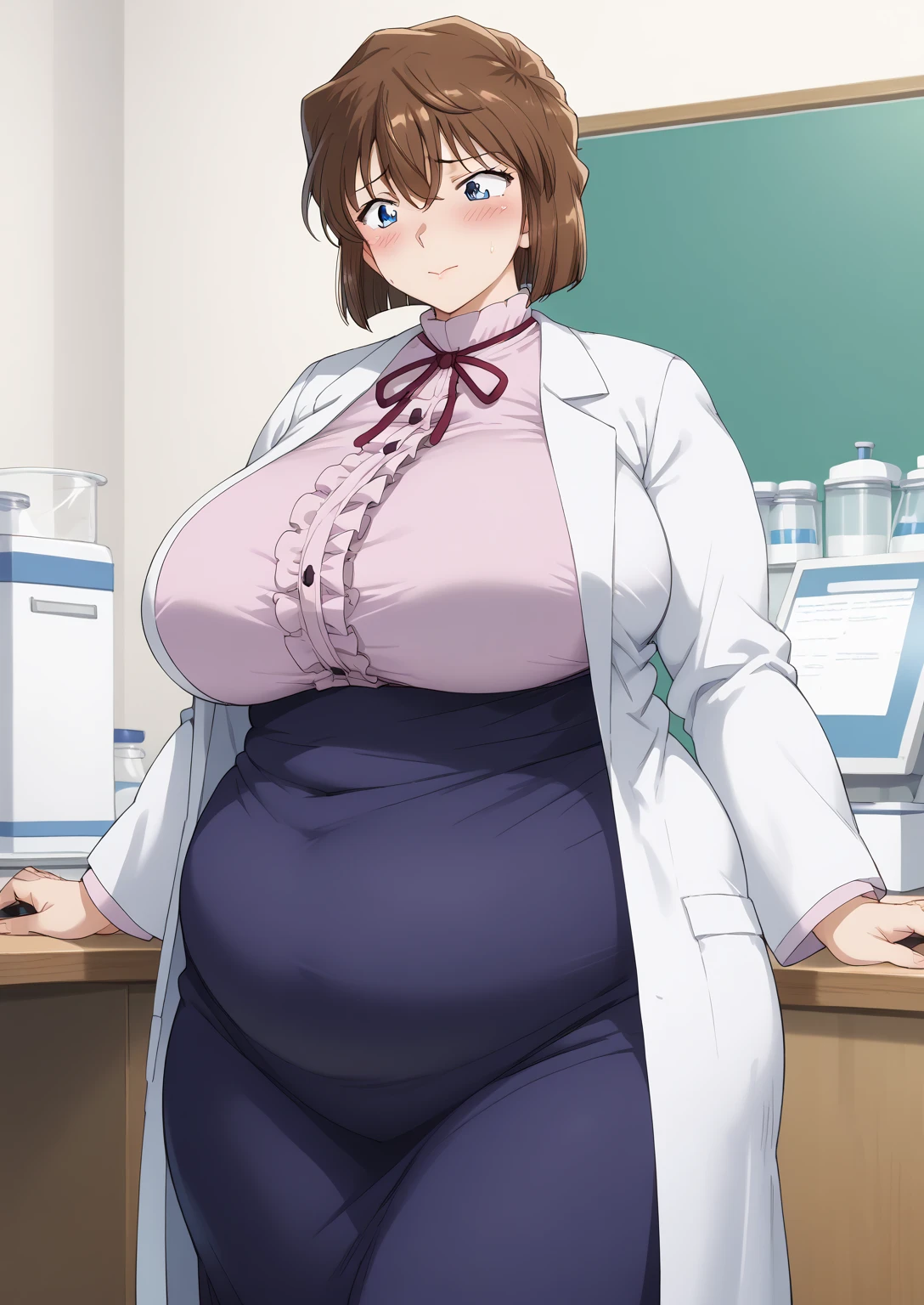 Shiho Miyano, Miyano Shiho, short hair,Brown Hair, blue eyes,hair between eyes,lab coat, Mulberry dress, long sleeve dress, mini skirt dress, score_9,   score_8_ up,   score_7_ up,   score_6_ up,   score_5_ up,   score_4_ up,     masterpiece   ,   top quality,     very aesthetic  ,    absurd,    source_Anime, Anime screencap,    one woman , Alone,   personal   ,  Super huge breasts, (((S uper huge クレビス, Super huge , Super huge boob))), Curvy,   in her 20s,  Mature Woman,   obese , ,  troubled expression,  ssbbw,  embarrassed expression, Five fingers