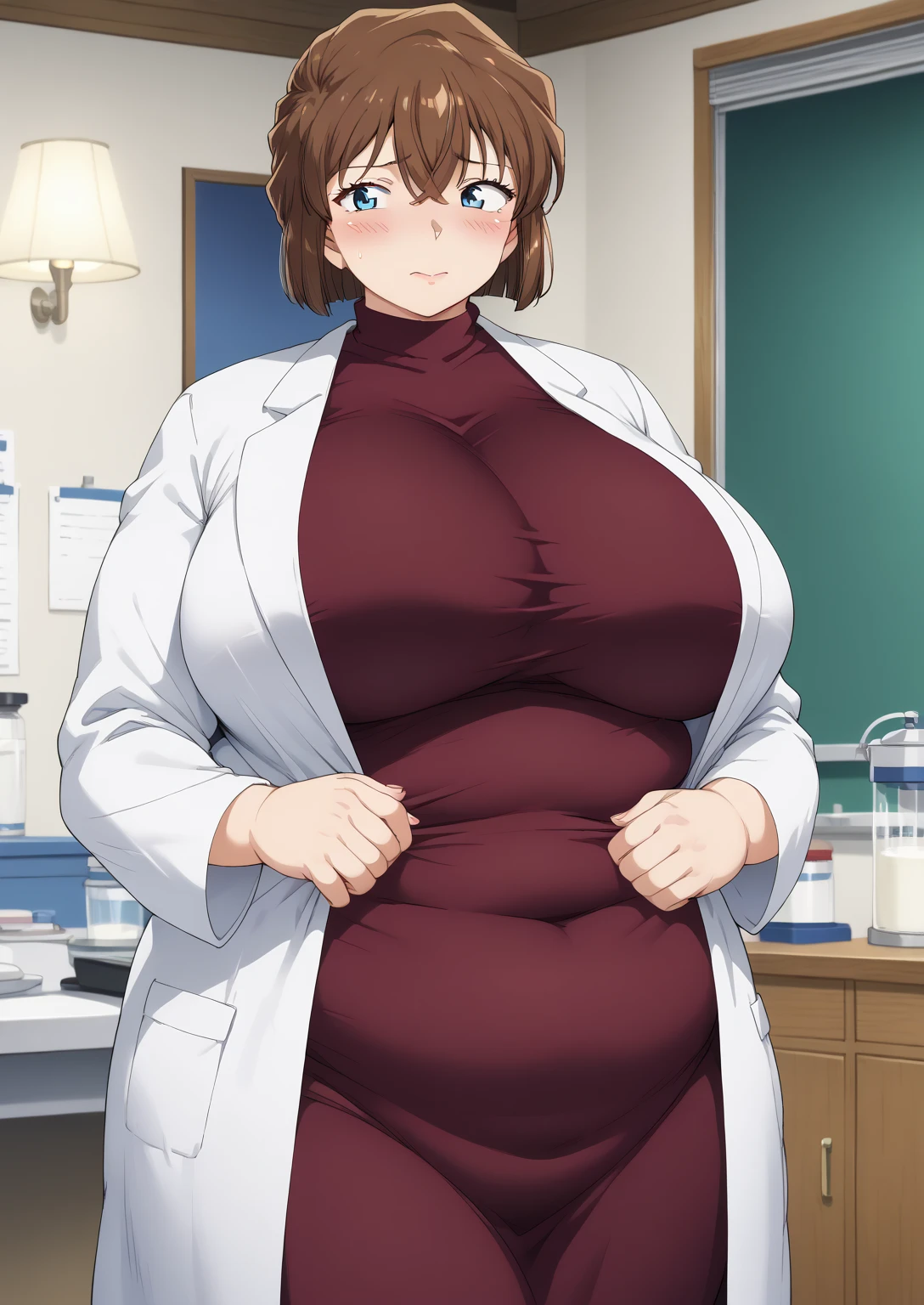 Shiho Miyano, Miyano Shiho, short hair,Brown Hair, blue eyes,hair between eyes,lab coat, Mulberry dress, long sleeve dress, mini skirt dress, score_9,   score_8_ up,   score_7_ up,   score_6_ up,   score_5_ up,   score_4_ up,     masterpiece   ,   top quality,     very aesthetic  ,    absurd,    source_Anime, Anime screencap,    one woman , Alone,   personal   ,  Super huge breasts, (((S uper huge クレビス, Super huge , Super huge boob))), Curvy,   in her 20s,  Mature Woman,   obese , ,  troubled expression,  ssbbw,  embarrassed expression, Five fingers