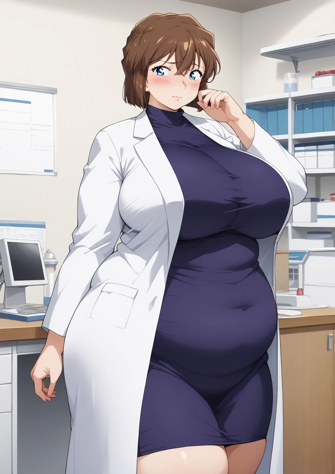 Shiho Miyano, Miyano Shiho, short hair,Brown Hair, blue eyes,hair between eyes,lab coat, Mulberry dress, long sleeve dress, mini skirt dress, score_9,   score_8_ up,   score_7_ up,   score_6_ up,   score_5_ up,   score_4_ up,     masterpiece   ,   top quality,     very aesthetic  ,    absurd,    source_Anime, Anime screencap,    one woman , Alone,   personal   ,  Super huge breasts, (((S uper huge クレビス, Super huge , Super huge boob))), Curvy,   in her 20s,  Mature Woman,   obese , ,  troubled expression,  ssbbw,  embarrassed expression, Five fingers