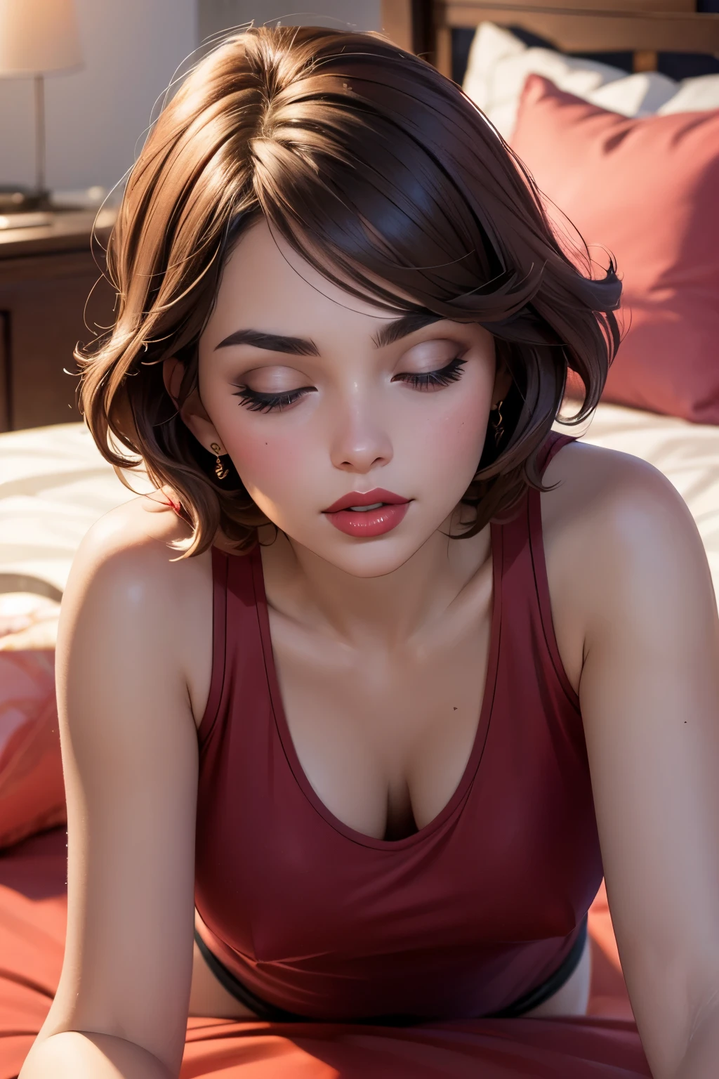 Sexy woman, short brown hair, middle part, lots of makeup, perfect red lips, loose blue tank top, black short shorts, lying down on the bed