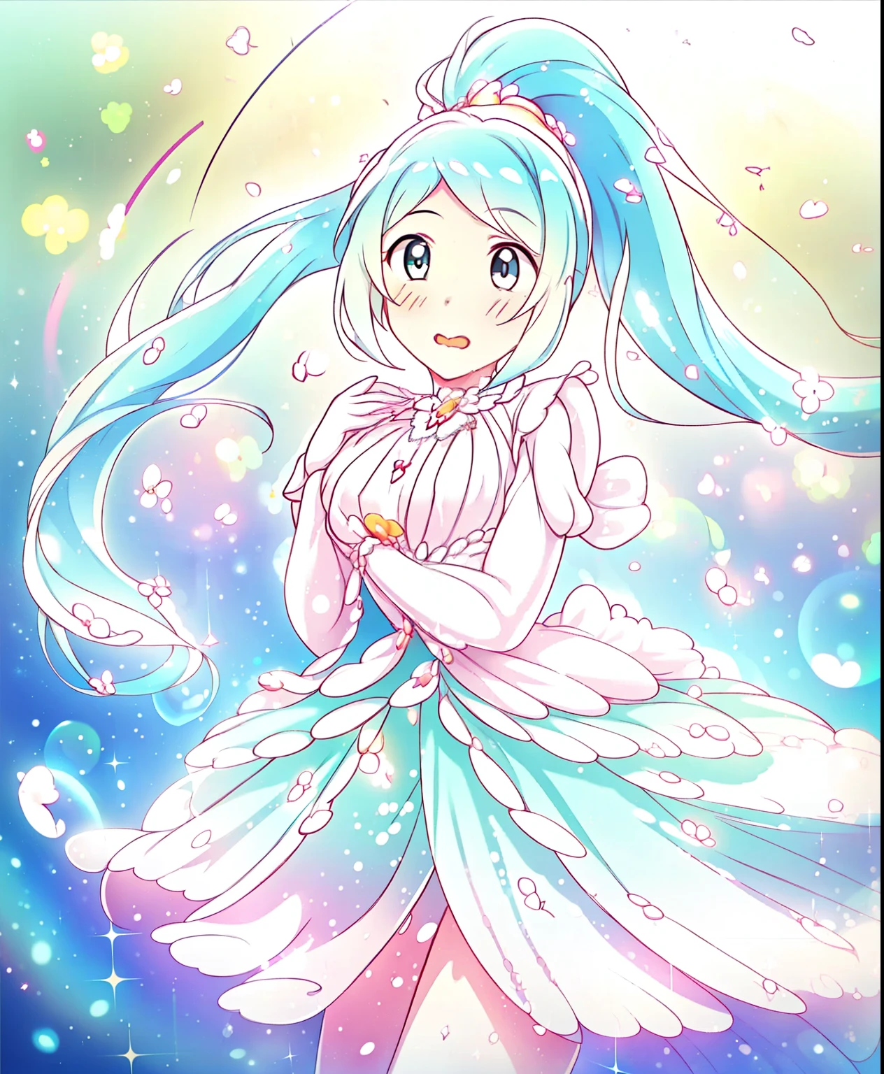 (masterpiece、 top quality 、 top quality 、 Official Art 、 beautiful and beautiful :1.2)、( One Girl :1.3) Hatsune Miku 、 twin tails, Beautiful breasts,  cute girl、(masterpiece), ( top quality ), ( super detailed ),(Dish-shaped hair),( illustrations), ( One girl ), ( High fashion clothes with beautiful scenery in the background),  standing,  fashion model,  Watch viewers, (Interview), ( simple background),  beautiful detailed eyes, Delicate beauty, floating, ( high chroma), ( colorful scattering),  Colorful Bubbles, (Shine),  blazer that focuses on an 8k ,  ponytail, Ayaka Kamisato,  light blue hair , bangs, Scranches , Floating Flower,  flowing hair, (Sparkling), Best lighting, Best Shadow, perfect hand
