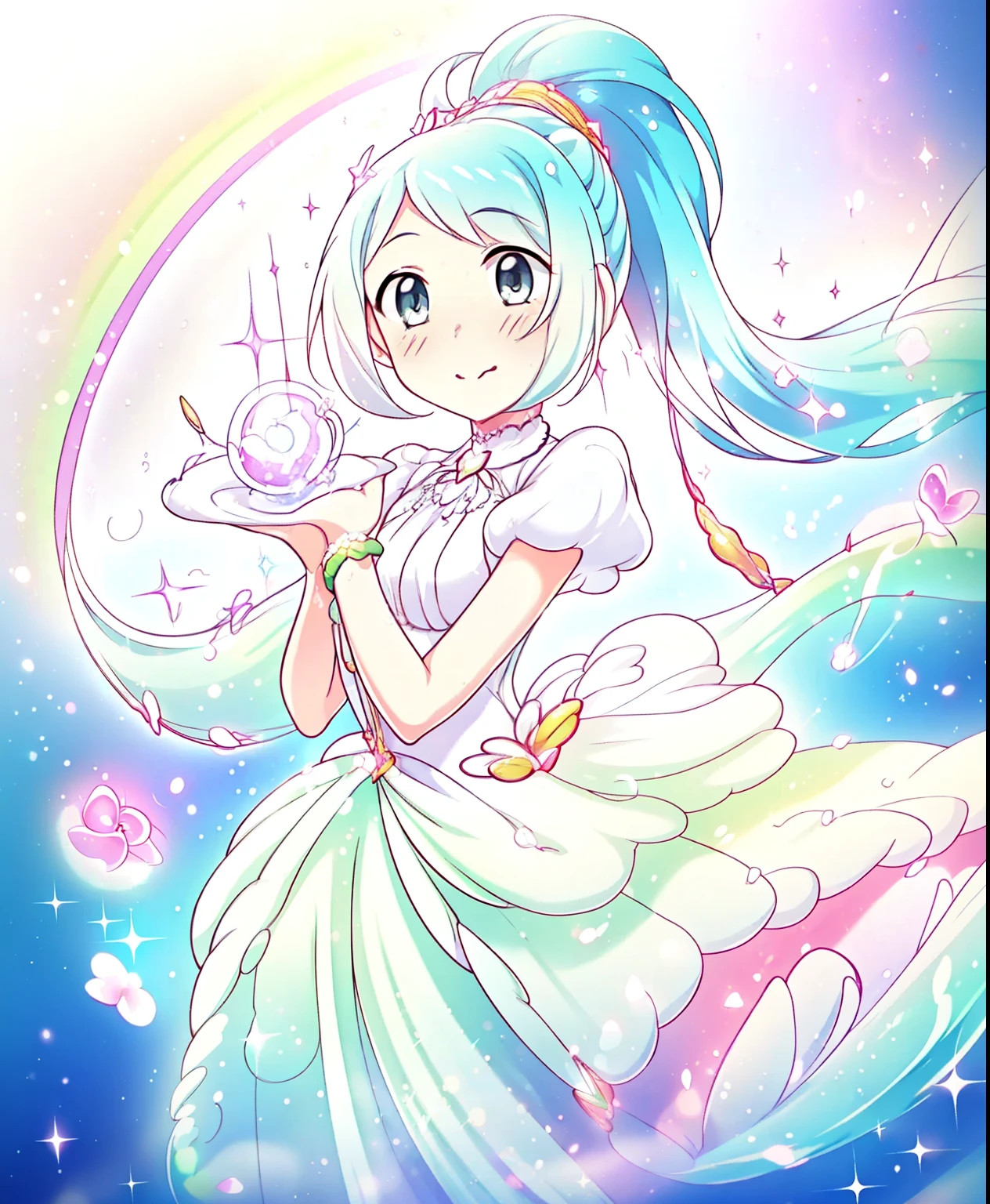 (masterpiece、 top quality 、 top quality 、 Official Art 、 beautiful and beautiful :1.2)、( One Girl :1.3) Hatsune Miku 、 twin tails, Beautiful breasts,  cute girl、(masterpiece), ( top quality ), ( super detailed ),(Dish-shaped hair),( illustrations), ( One girl ), ( High fashion clothes with beautiful scenery in the background),  standing,  fashion model,  Watch viewers, (Interview), ( simple background),  beautiful detailed eyes, Delicate beauty, floating, ( high chroma), ( colorful scattering),  Colorful Bubbles, (Shine),  blazer that focuses on an 8k ,  ponytail, Ayaka Kamisato,  light blue hair , bangs, Scranches , Floating Flower,  flowing hair, (Sparkling), Best lighting, Best Shadow, perfect hand