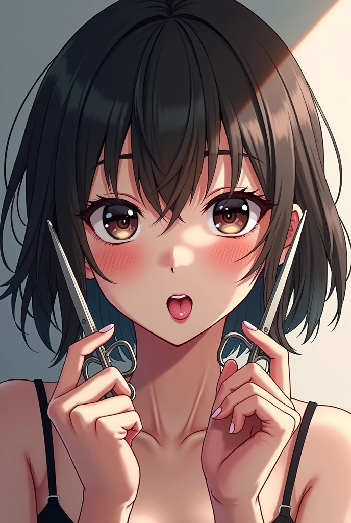 looking ahead,from above,slouch,,side view,face focus,open mouth,tongue out,cum on gue,Licking a white dildo,(1giautiful 14 year old girr,Small breasts,Baby Face,Small faooking at viewer,Black Hair,bangs,two side up,Gray Eyes,Drooping eyes,slit pupils,narrow eyes,White sweater mini dress,bare shoulder,Beautiful and detailed anime art,Mischievous smile,Dimly lit room,Simple Background,Gray background,Low lighting