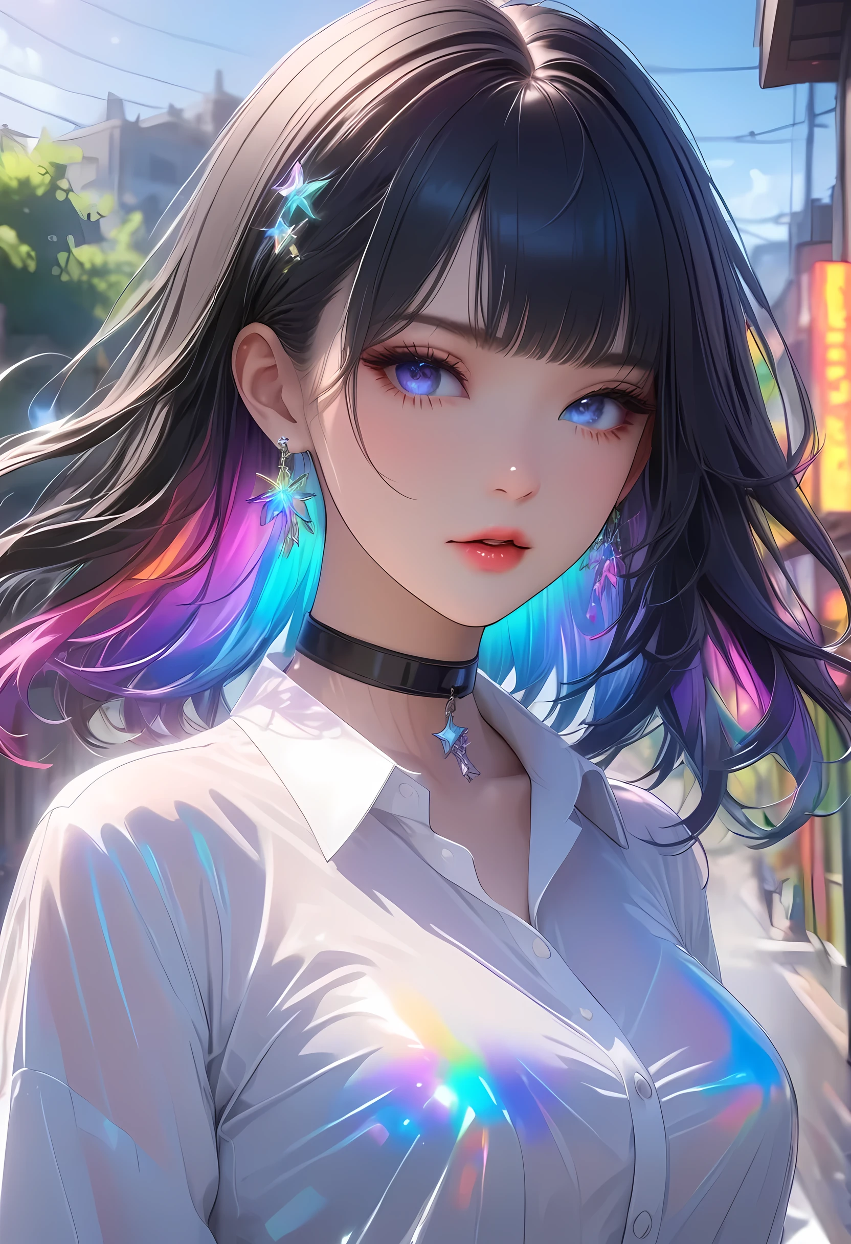 best quality, super_delicate, ultra detailed, beautiful, 8k , 1girl, black hair, business shirt, earrings, choker, outdoor, bright, colorful