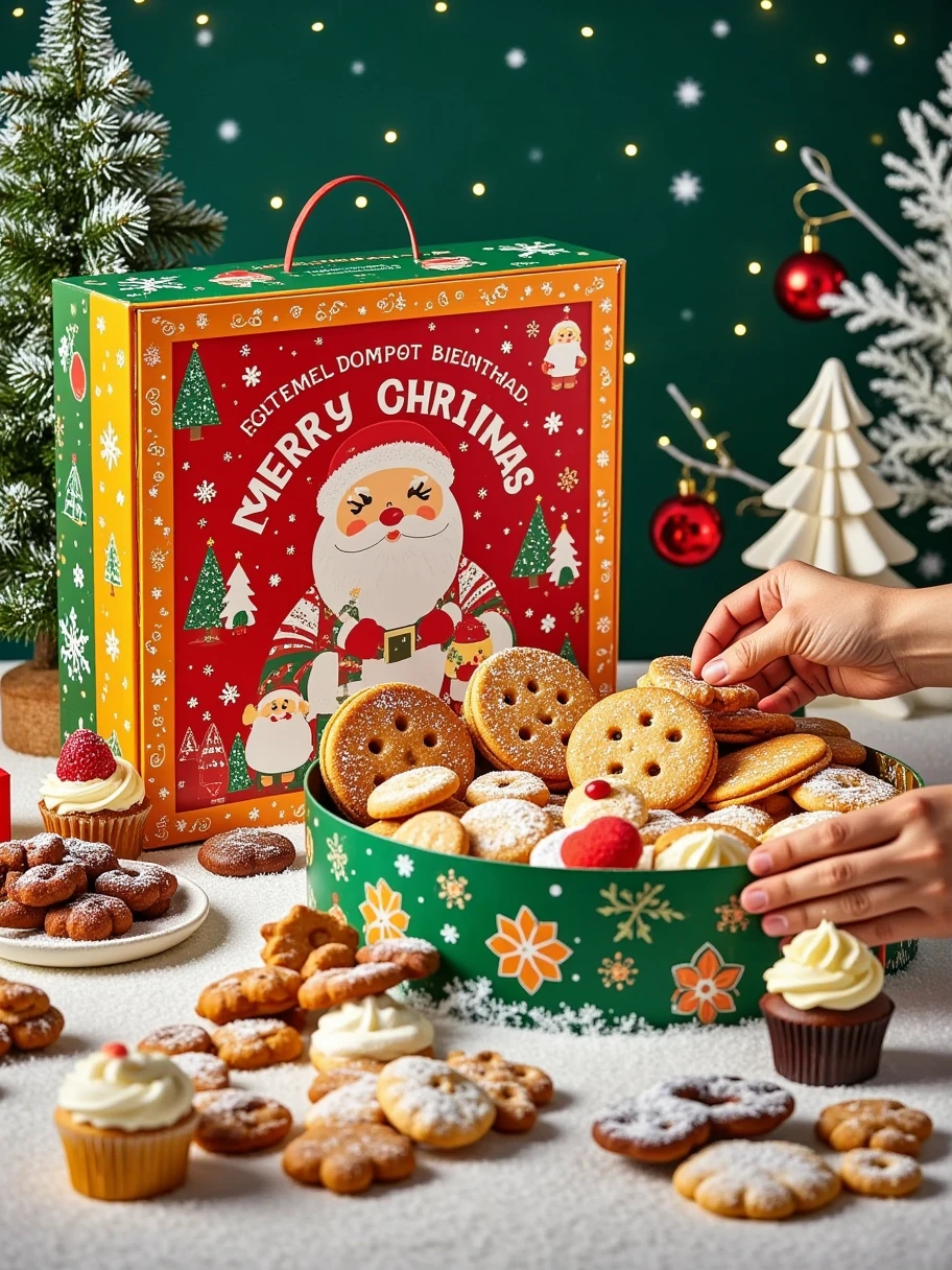  with these cookies A good-natured Santa 。Center of screen， on the left side, you can also see part of the green cookie box ， with a kind Santa printed on the box 、 Lush Christmas tree ， This picture has a strong Christmas atmosphere ， have cute pandas and Santa Claus patterns 。  on the right side of the orange cookie box ， with one pair of hands holding an orange cookie box ， filled with various shapes 、 colorful Christmas themed cookies 。 with a green Jiugong grid cookie box 、Upright Christmas tree 、 with cute gingerbread man and the like ， These elements work together to create a warm and happy Christmas atmosphere 。  You can also see part of the green cookie box ， and a striking “MERRY” The words “CHRISTMAS” 。 The background is a dark green desktop ， Each piece is carefully decorated with brightly colored frosting and sugar grains {x} A few small white Christmas trees and red Christmas balls are placed on it， and are surrounded by colorful gifts and crystal snowflake patterns 