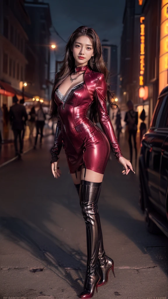 (masterpiece), (solo character), (best quality), (photorealistic 1.4), (EpicRealLife), (night time), (Maximoff bodysuit), (tall scarlet-10) (large breasts), (European model), (tall woman), (athletic body), (tall d4k0t4), (latex bodysuit), (green eyes),  (Scarlet Witch helmet), (scarlet-10 helmet), ( scarlet-10 leotard), (red cape), (scarlet-10 elbow gloves,), (tall n4t4l13p-v2, Natalie Portman), (young woman) , (scarlet-10 helmet), (scarlet-10 thighhigh),(neon lights), (boots), (flashphoto), (night time), (at night), (neon lights), (new york city street),  (look at viewers), (cowboy shots), (close up)