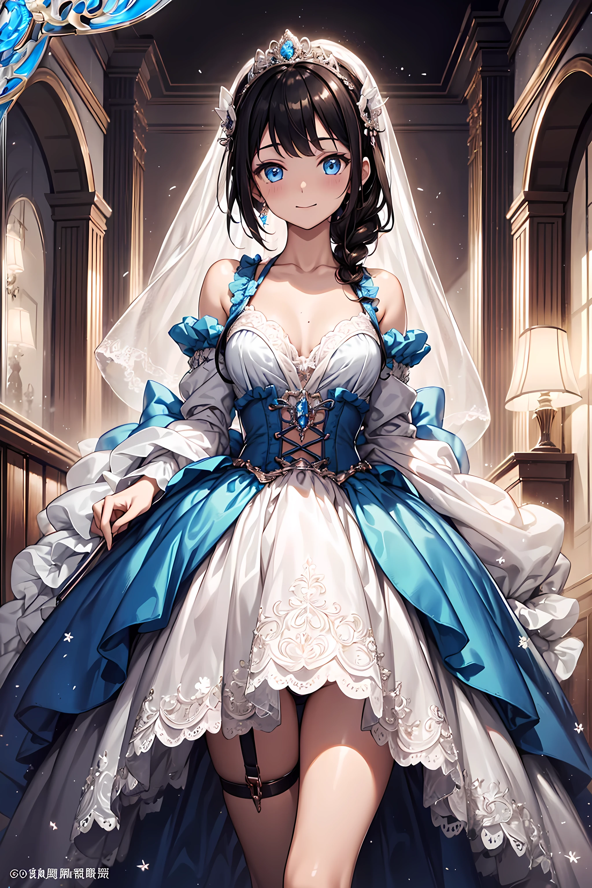 (best quality, high resolution, Textured Skin, high quality, High Detail,Extremely detailed CG unification),aldult,charm,Divine happiness,in love,(Beautifully designed wedding dress:1.2),Pink Hair,blue eyes,(Fabric headdress minimalism,Multi-layer delicate ruffles,lots of lace,Multi-color cloth,Beautifully embroidered,Beautiful pattern,Fabric headdress,Exquisite clothing,See through transparent clothes,bedroom,night,(Dazzle:1.2),Light,The only one,The skirt flutters,