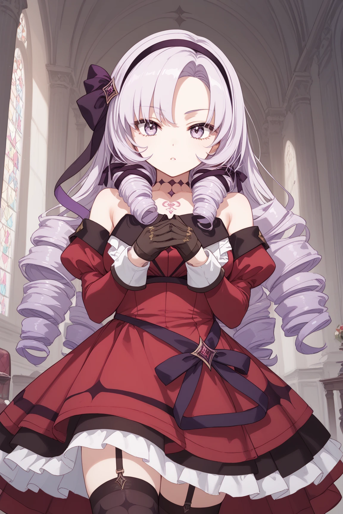 anime coloring,masterpiece,Salome, (((( best quality )))),,HS1, purple eyes, bangs, parted bangs, purple hair, light purple hair, long hair, drill hair, tattoo, chest tattoo, ribbon, hair ribbon, purple ribbon, hairband
bare shoulders, dress, red dress, long sleeves, juliet sleeves, gloves, black gloves, garter straps, thighhighs, black thighhighs