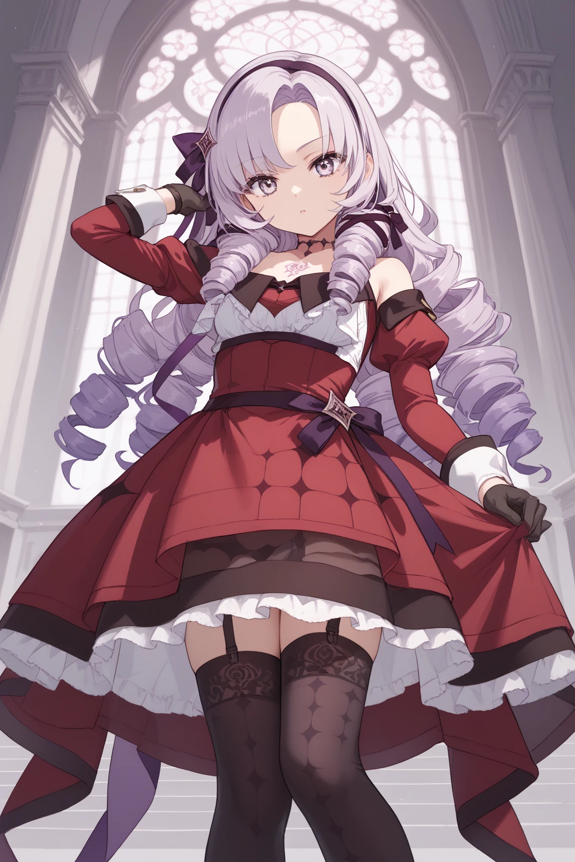 anime coloring,masterpiece,Salome, (((( best quality )))),,HS1, purple eyes, bangs, parted bangs, purple hair, light purple hair, long hair, drill hair, tattoo, chest tattoo, ribbon, hair ribbon, purple ribbon, hairband
bare shoulders, dress, red dress, long sleeves, juliet sleeves, gloves, black gloves, garter straps, thighhighs, black thighhighs