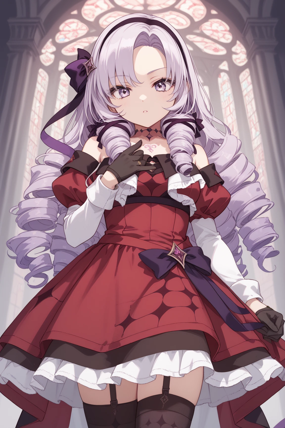 anime coloring,masterpiece,Salome, (((( best quality )))),,HS1, purple eyes, bangs, parted bangs, purple hair, light purple hair, long hair, drill hair, tattoo, chest tattoo, ribbon, hair ribbon, purple ribbon, hairband
bare shoulders, dress, red dress, long sleeves, juliet sleeves, gloves, black gloves, garter straps, thighhighs, black thighhighs