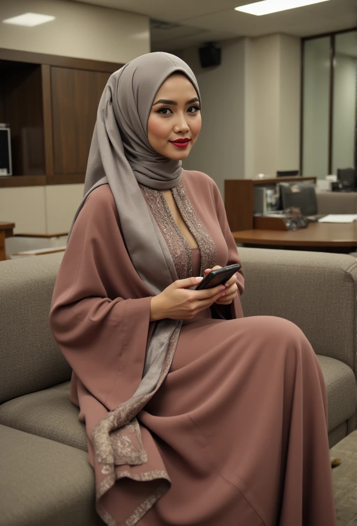 A portrait of a indonesian woman, . She is wearing muslim gamis and satin hijab, sitting on the sofa in the office waiting room while playing her phone. Look at the viewer, wide angle shot. 