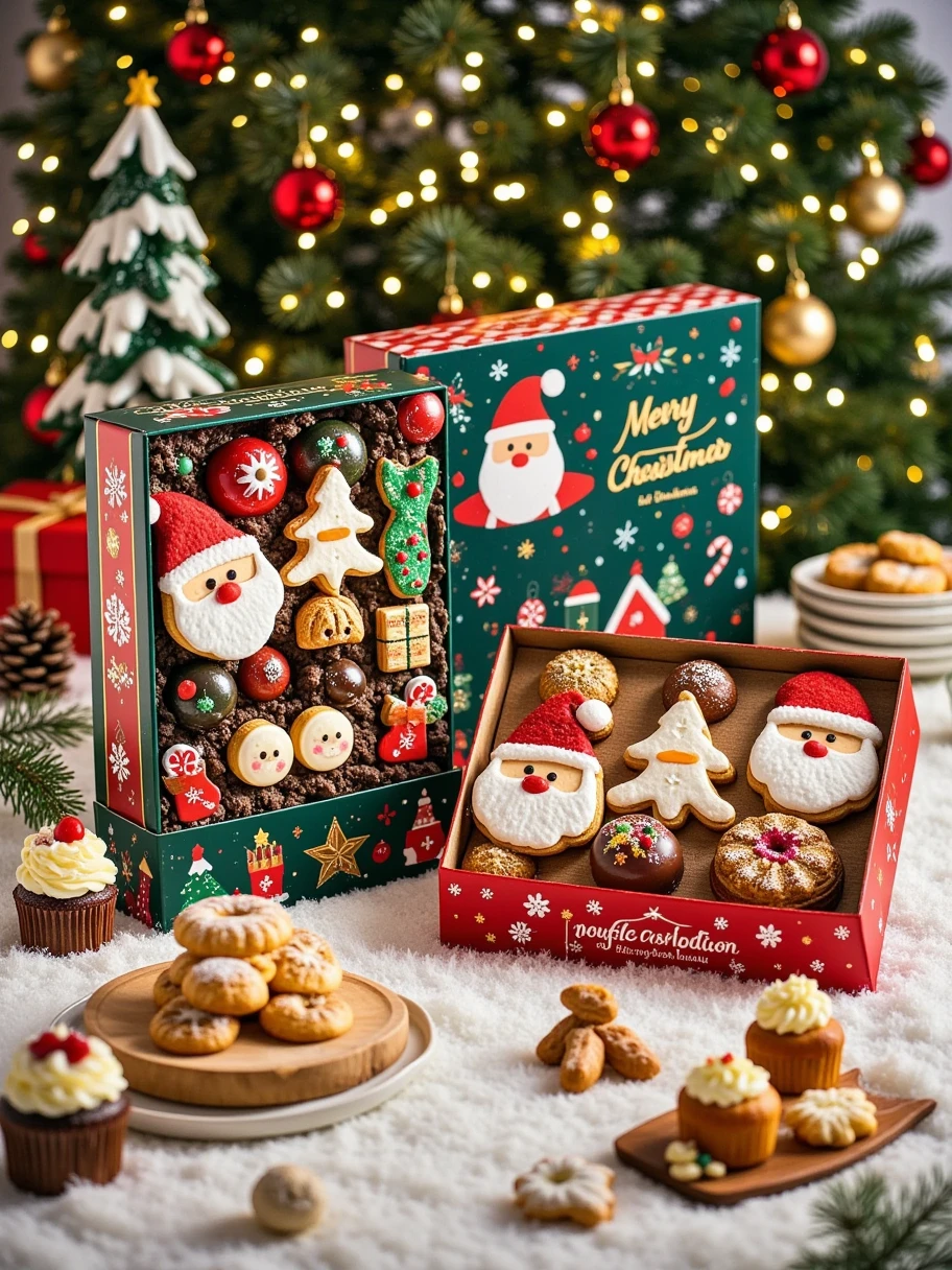  filled with a strong Christmas atmosphere 。 The center of the picture shows two gift boxes filled with Christmas themed desserts。 The gift box on the left side of the wrapped chocolate ball ，There are two layers of ， The top layer is a few gold-wrapped chocolate balls ， The lower layer is a few gold-wrapped chocolate balls ， including Santa 、 The gift box on the right is dark green ， These cookies are decorated with colorful icing and icing 。  The picture has two open boxes ， The inside is filled with Christmas themed cookies of various shapes and colors ， of these cookies with Santa Claus 、snowman、 reindeer shapes on the inside ， and decorated with icing and icing 。 The entire scene looks very warm and happy ， including Santa 、, reindeer and gifts, etc. ， is filled with various Christmas-themed desserts 。  The background is a green Christmas tree decorated with red and gold ornaments， and is also decorated with frosting and candy ，Adds to the festive atmosphere。 with the words “Merry Christmas” on the top of the picture ， which further emphasizes the Christmas theme 。 There are also some small Christmas trees and pine cones around ， The whole scene is very cozy and happy 。