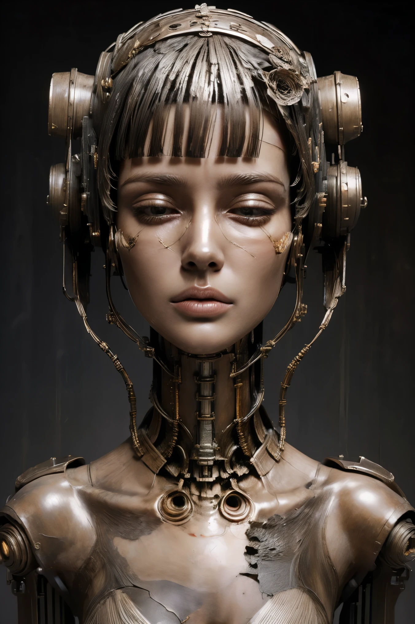 (masterpeace), ((super real photography: 1.5)), ((photo realistic: 1.3)), (real photo), 
A Japanese young girl with a lot of flowers, ((A young girl robot: 1.5)),  (bust statue), 
BREAK
headgear, ((real metalic skin)), ((beautiful face: 1.5)), ((Super cute: 1.5)), ((babyface: 1.5)), ((well-balanced face)), (close eyes: 1.3)), longeyelashes, stunning big eyes, luscious glossy lips, ((blunt bangs: 1.5)), (long hair), 
BREAK
(slender body: 1.3), petite bust, flower bloom, (flowers: 1.5),
BREAK
High-Mechanic body, octane rendering, Super Detailed machine, ((connected electric cables)), 
BREAK
(simple background: 1.3), ((bust shot: 1.3)), cinema quality, professional photograph, (photo studio: 1.5), (Bright Light: 1.2), Eye-Level Shot, wide lens, (fujifilm 35mm), (film photo), RAW, Excessive Embellishment, UHD, 
BREAK
anatomically correct, textured skin, best quality, 8k